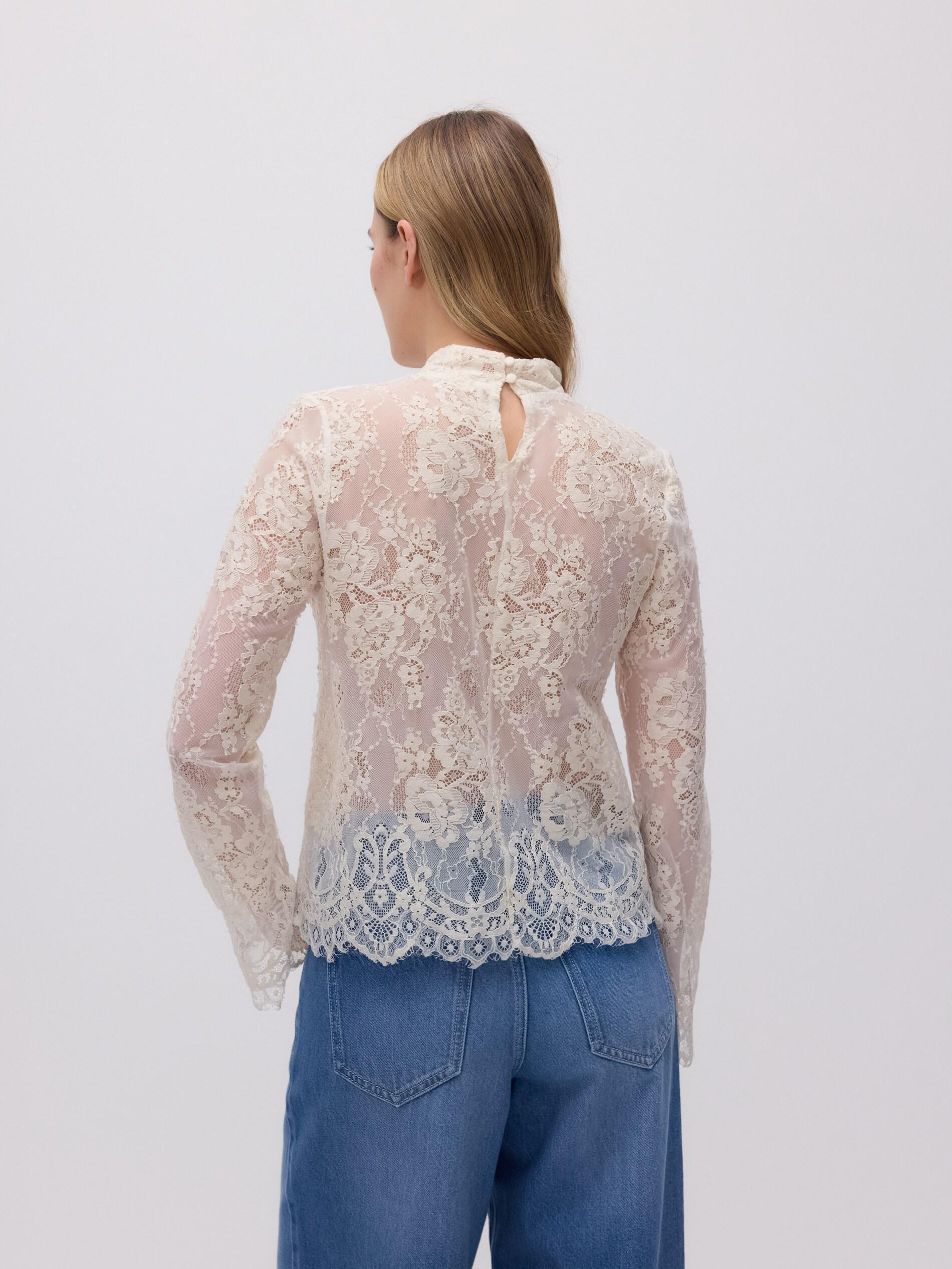 Beige Lace Blouse With Standing Collar, Ivory, large image number 4