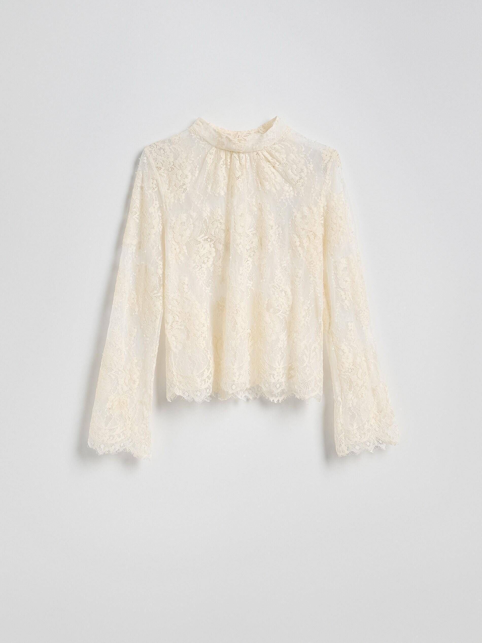 Beige Lace Blouse With Standing Collar, Ivory, large image number 5