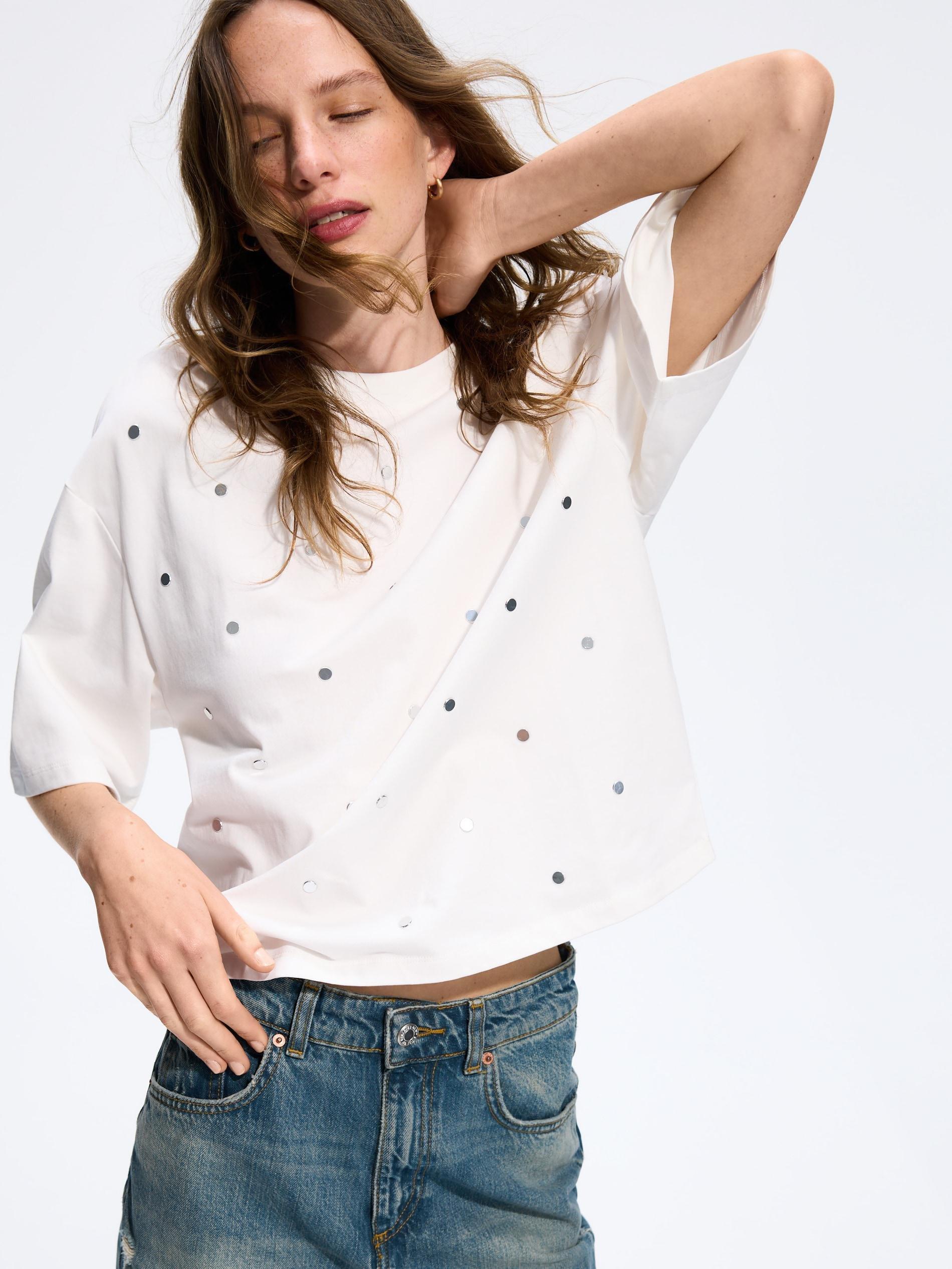 White Cotton T-Shirt With Application, White, large image number 0