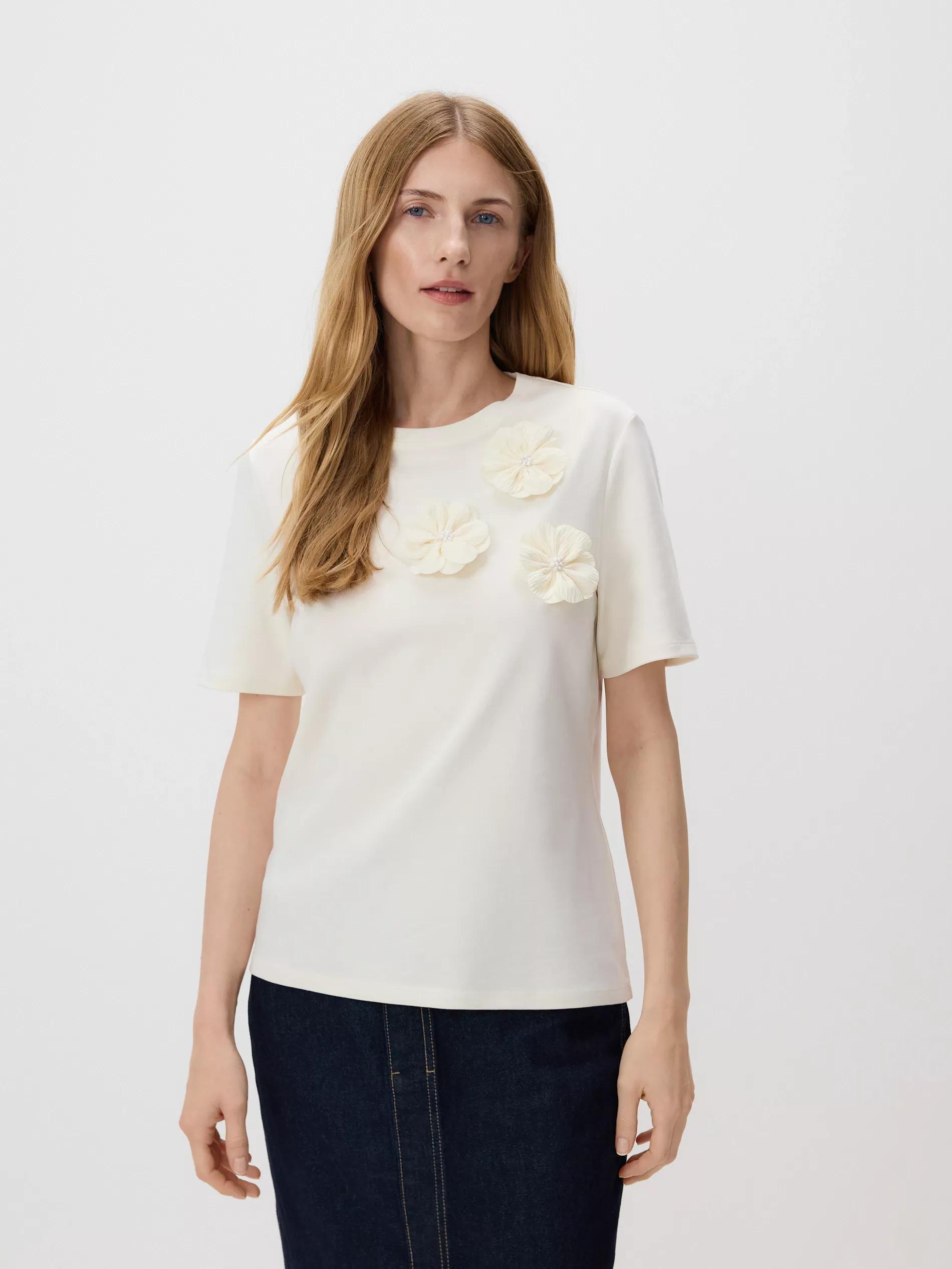 Beige T-Shirt With Flower Applique, , large image number 0