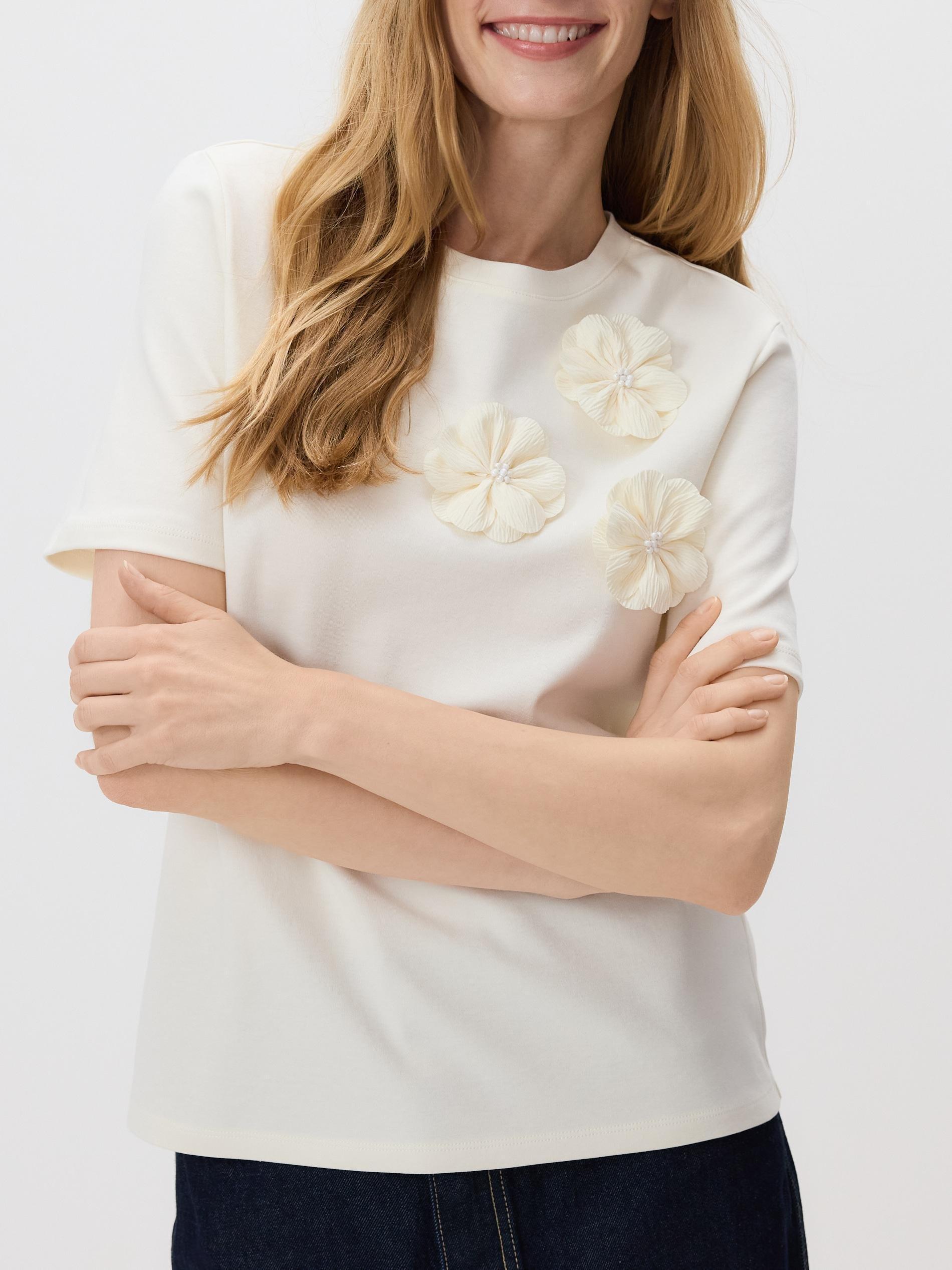 Beige T-Shirt With Flower Applique, , large image number 1