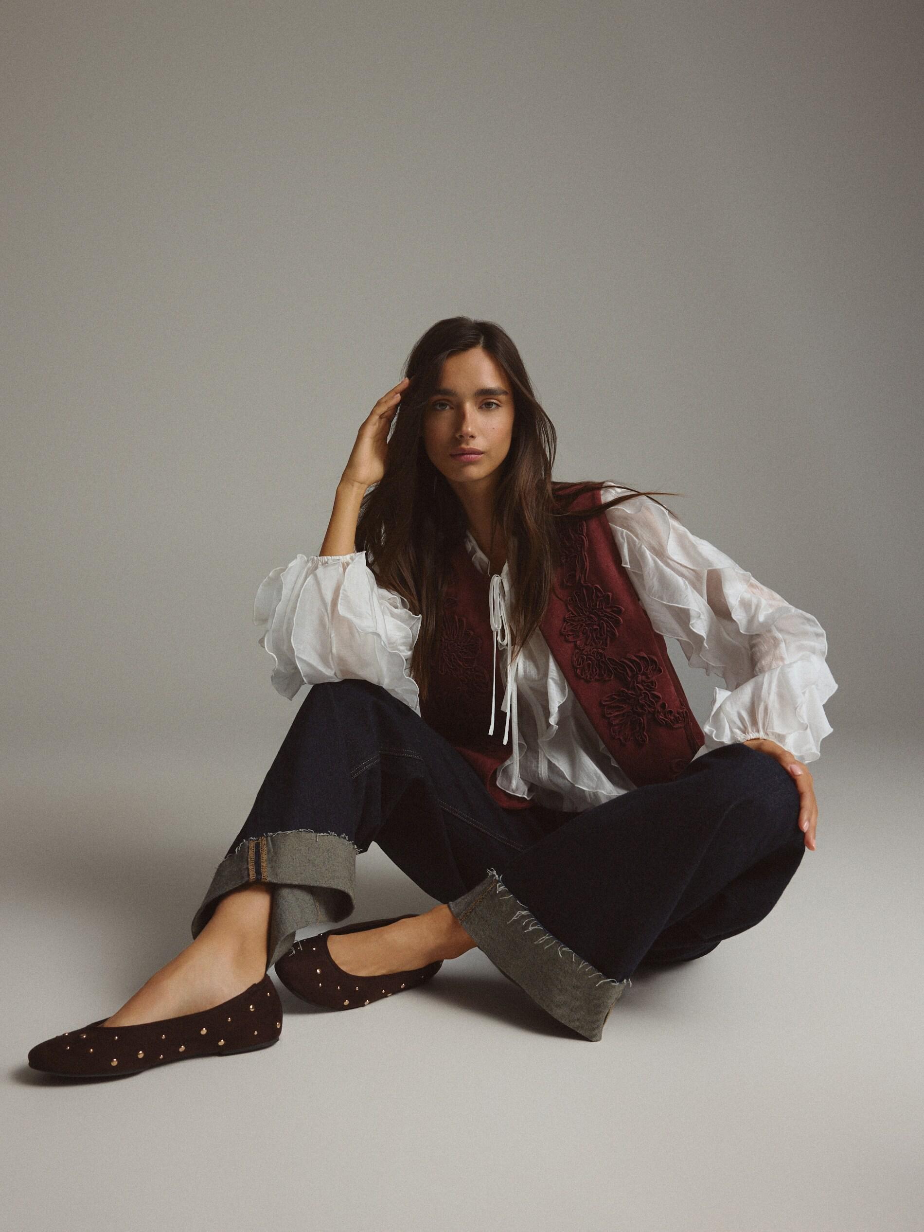 Brown Studded Ballerinas, Brown, medium