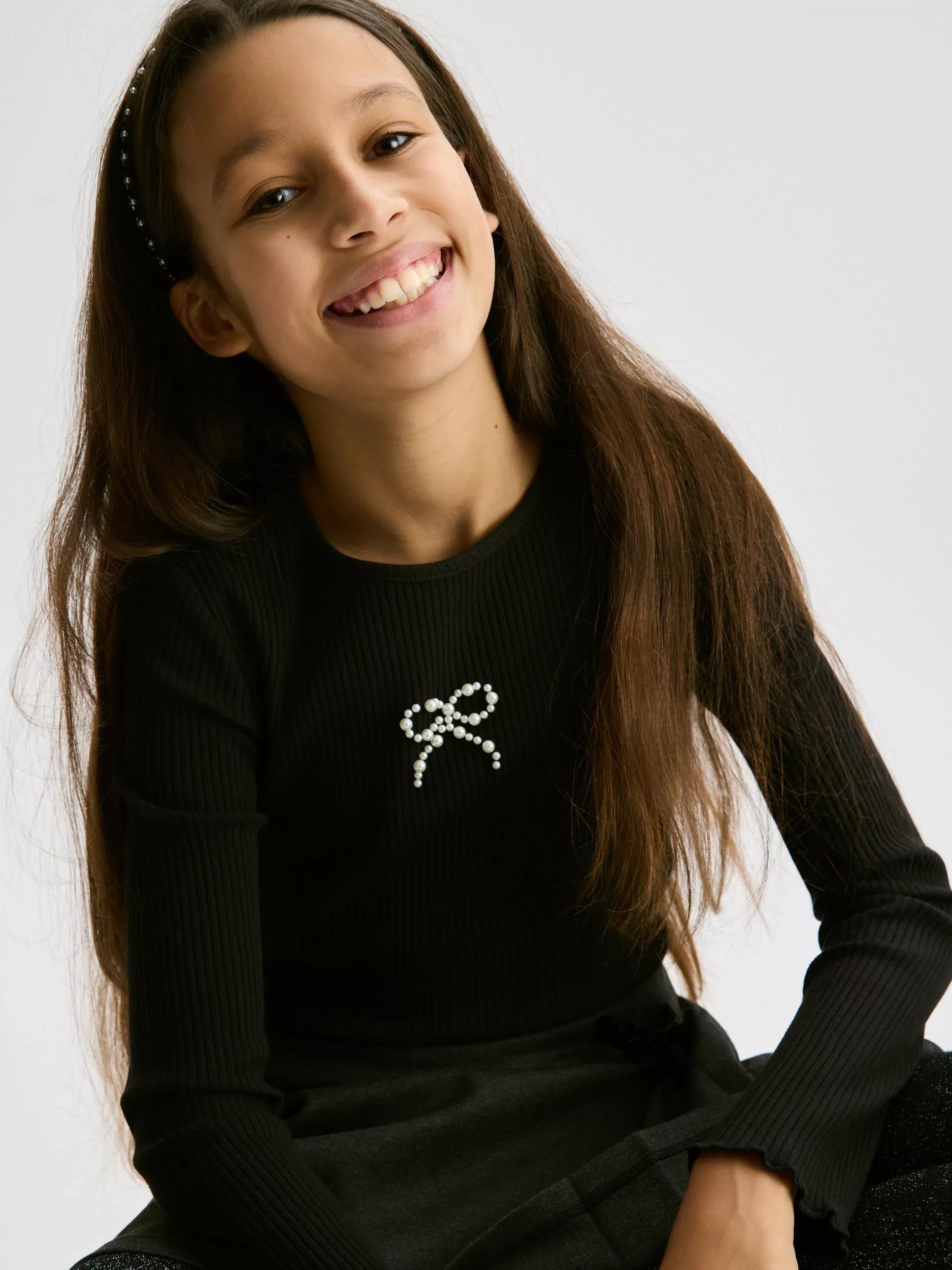 Black Ribbed Top With Applique, Black, large image number 0