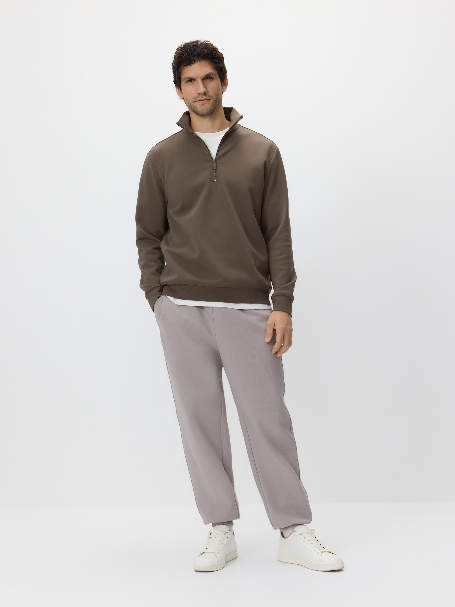 Brown Plain Sweatshirt With Stand Up Collar, Brown, medium