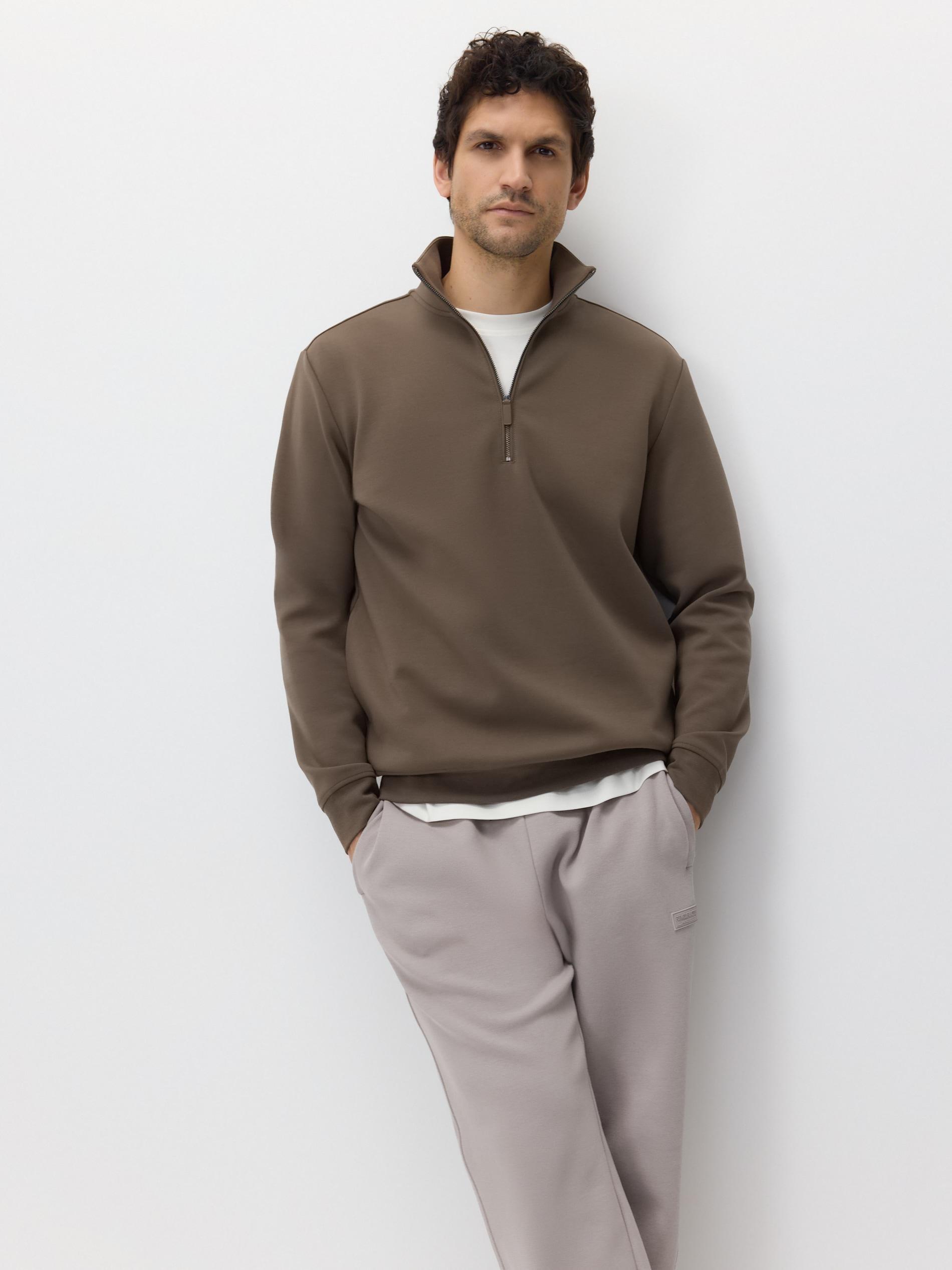Brown Plain Sweatshirt With Stand Up Collar, Brown, medium