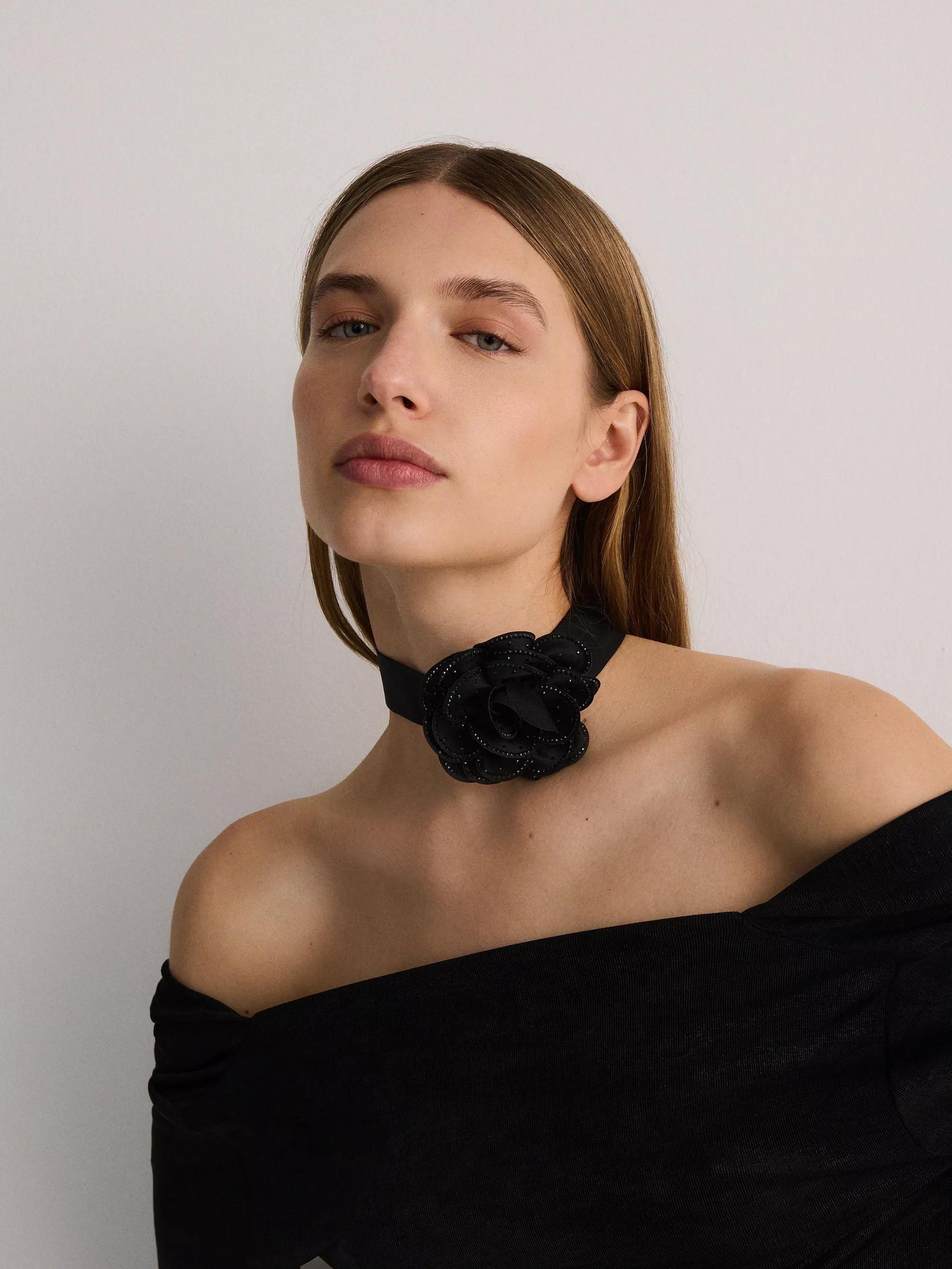Black Floral Detailed Scarf, Black, large image number 0