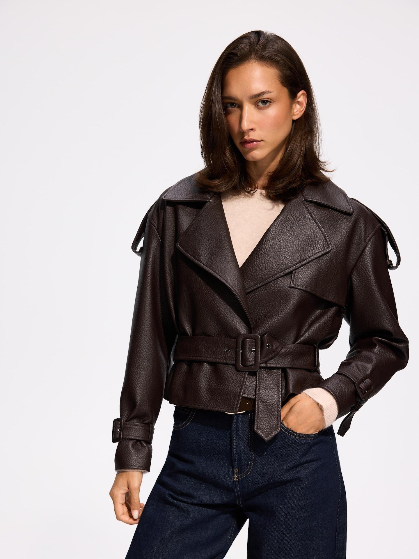 Brown Faux Leather Jacket, Brown, large image number 0