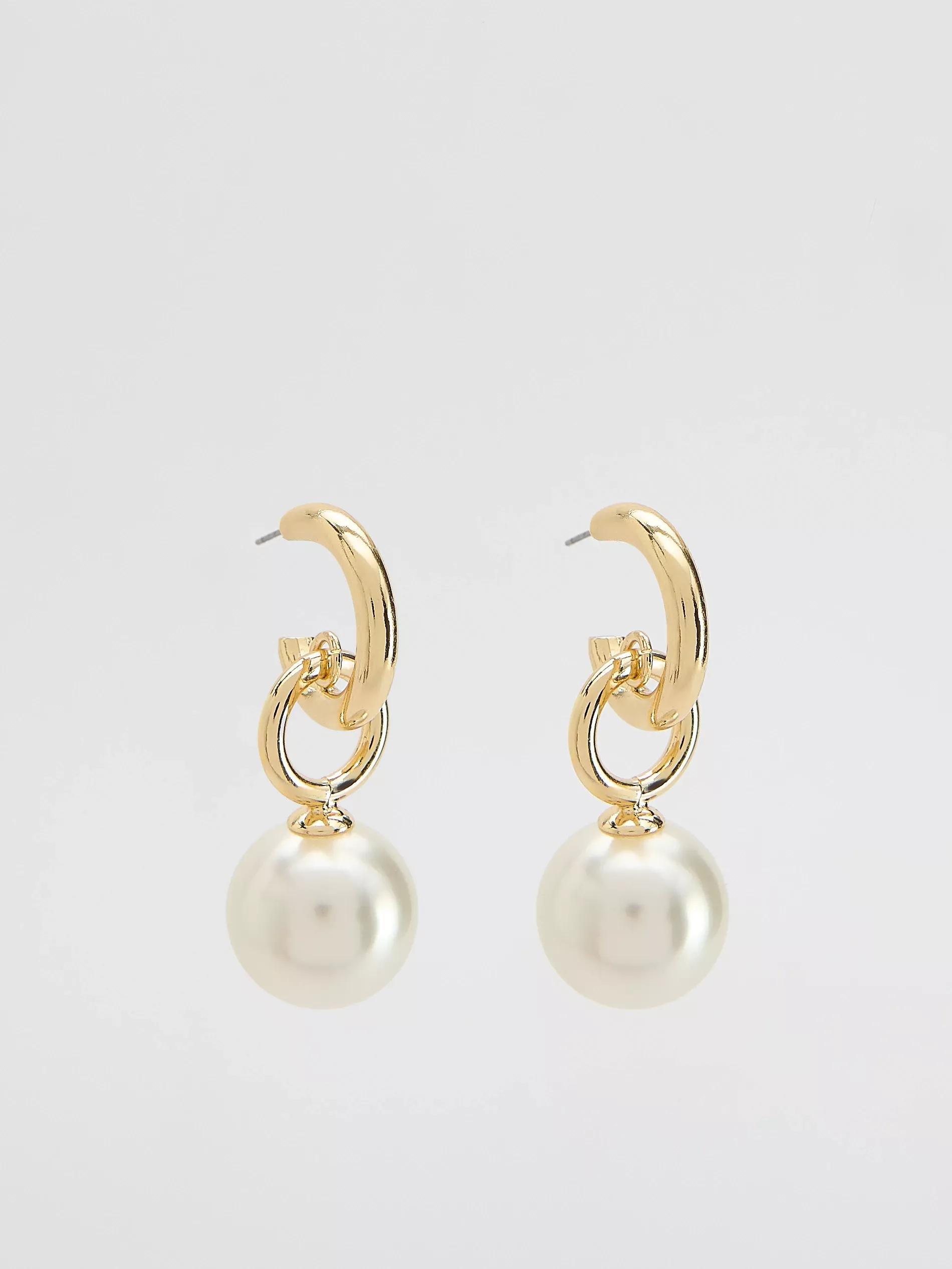 WHITE Pearl imitation hoop earrings, White, medium