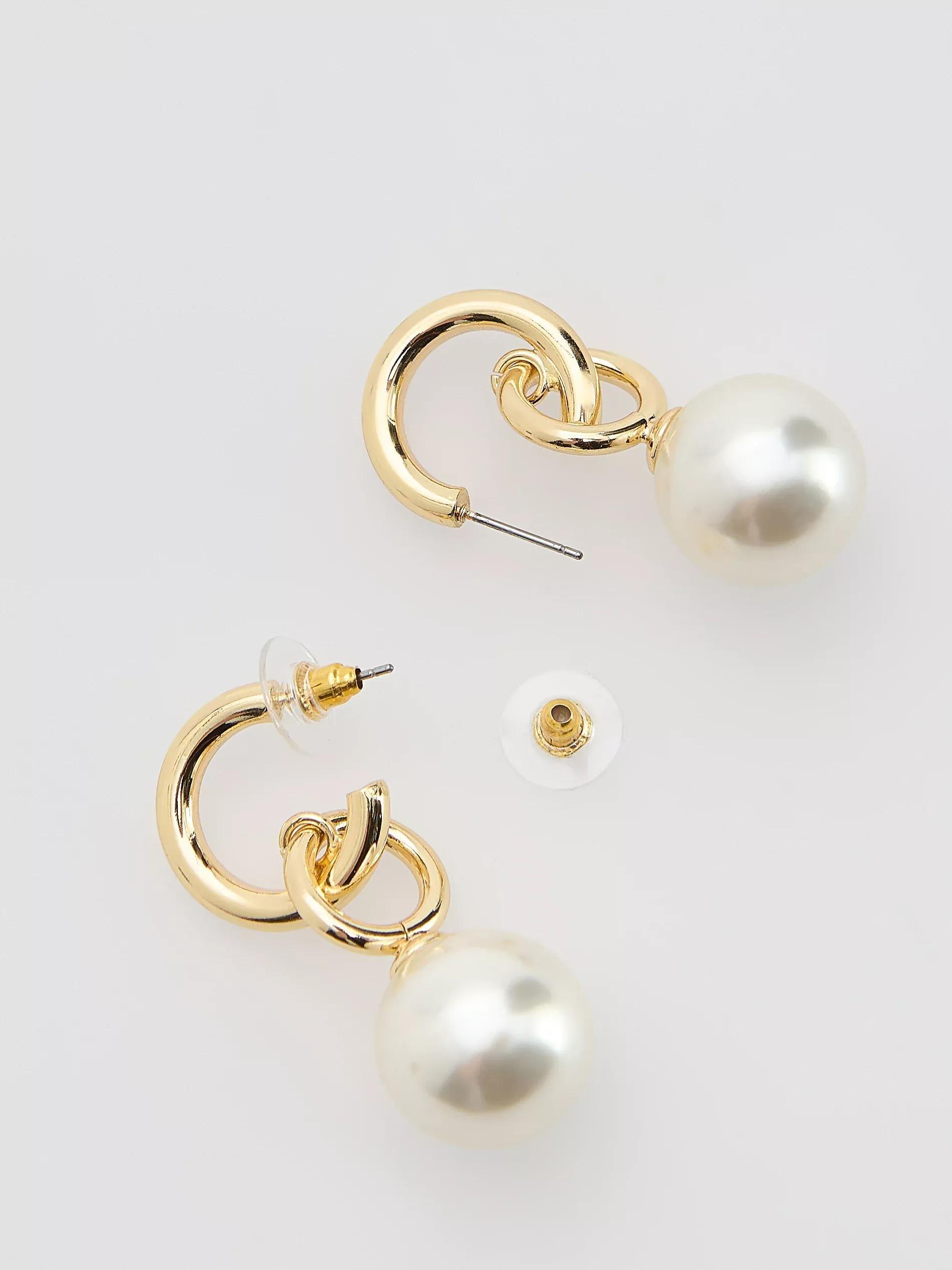 WHITE Pearl imitation hoop earrings, White, medium