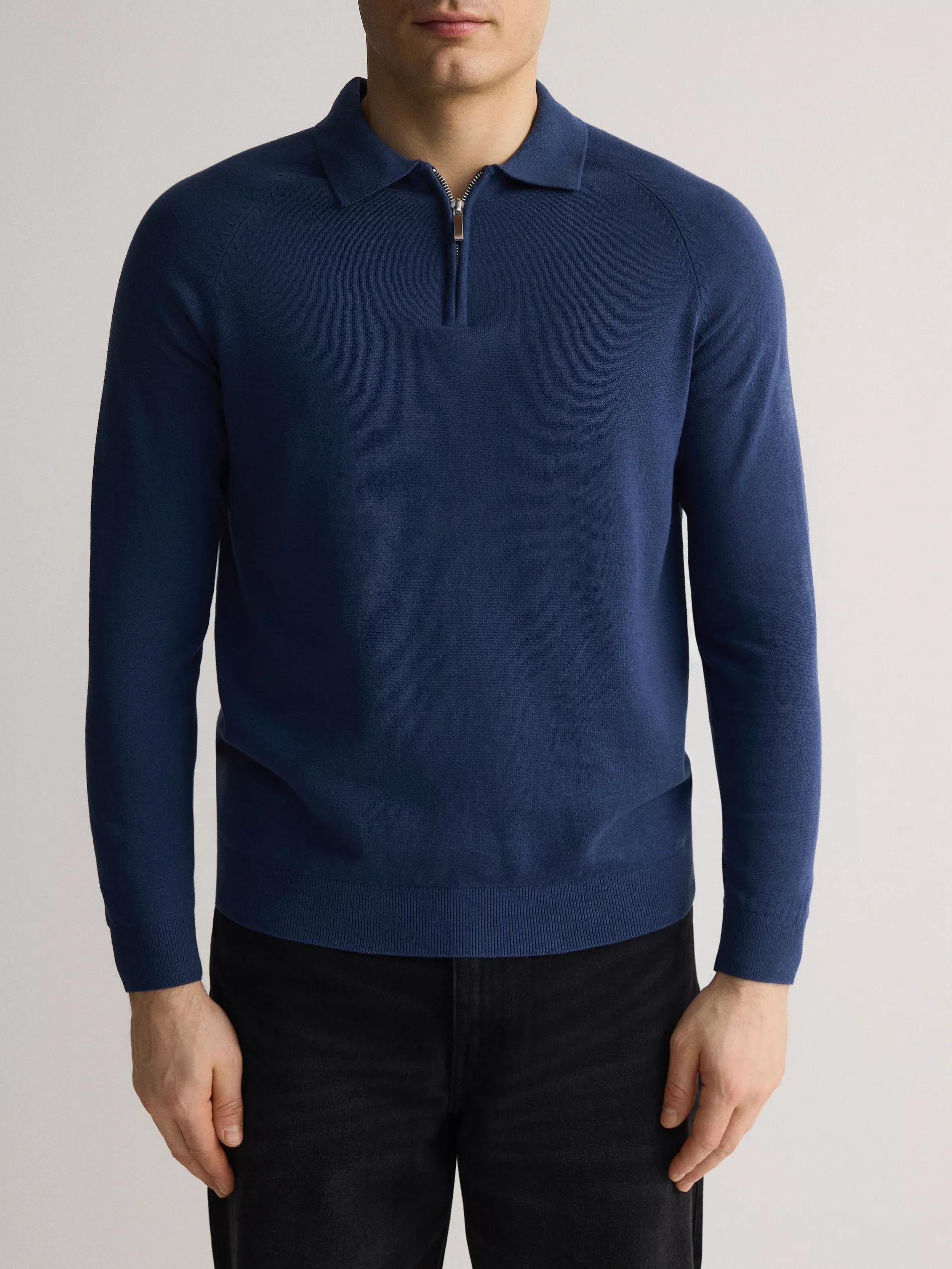 Blue Polo Collar Sweater With High Cotton Content, , large image number 1