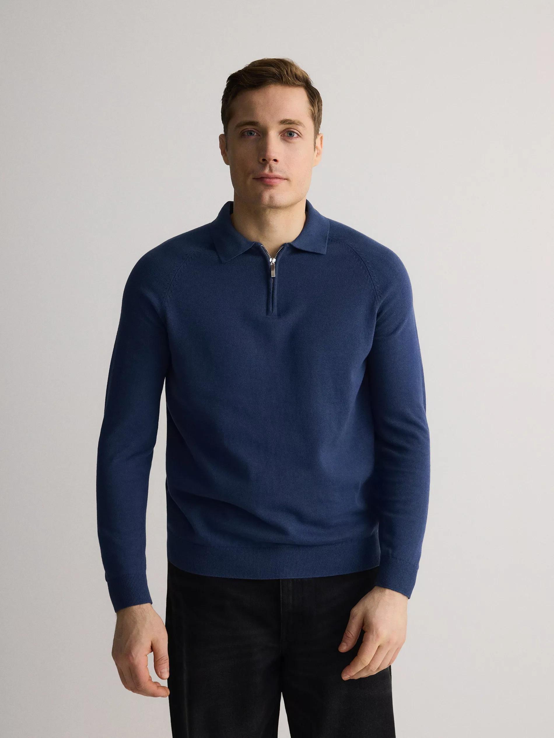 Blue Polo Collar Sweater With High Cotton Content, , large image number 2
