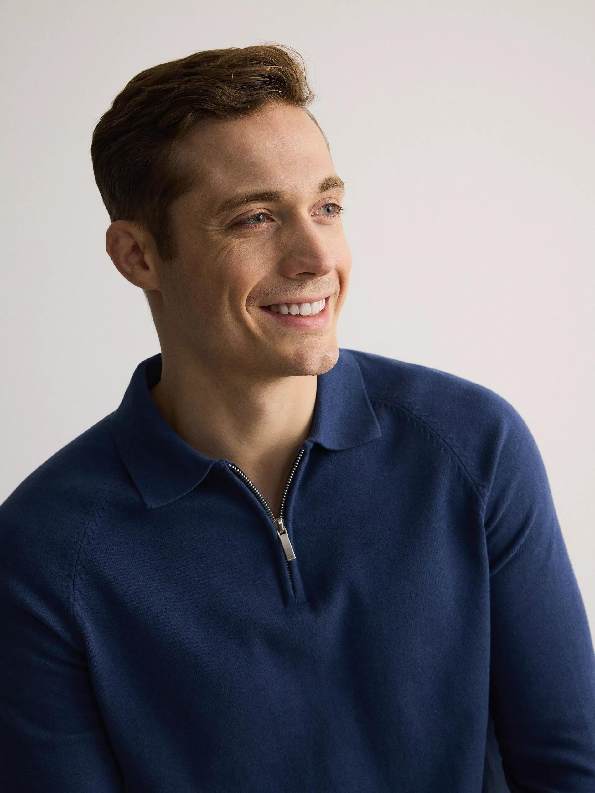 Blue Polo Collar Sweater With High Cotton Content, , large image number 3