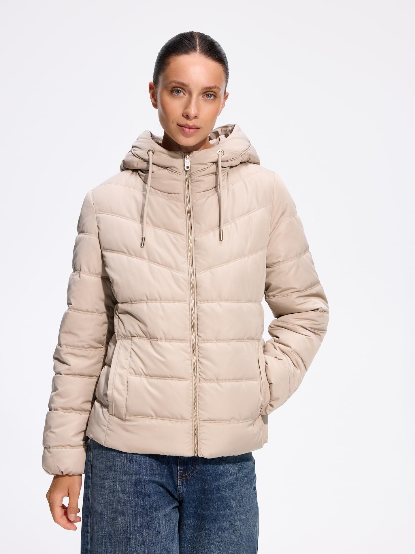 Beige Quilted Jacket With Hood, Ivory, medium