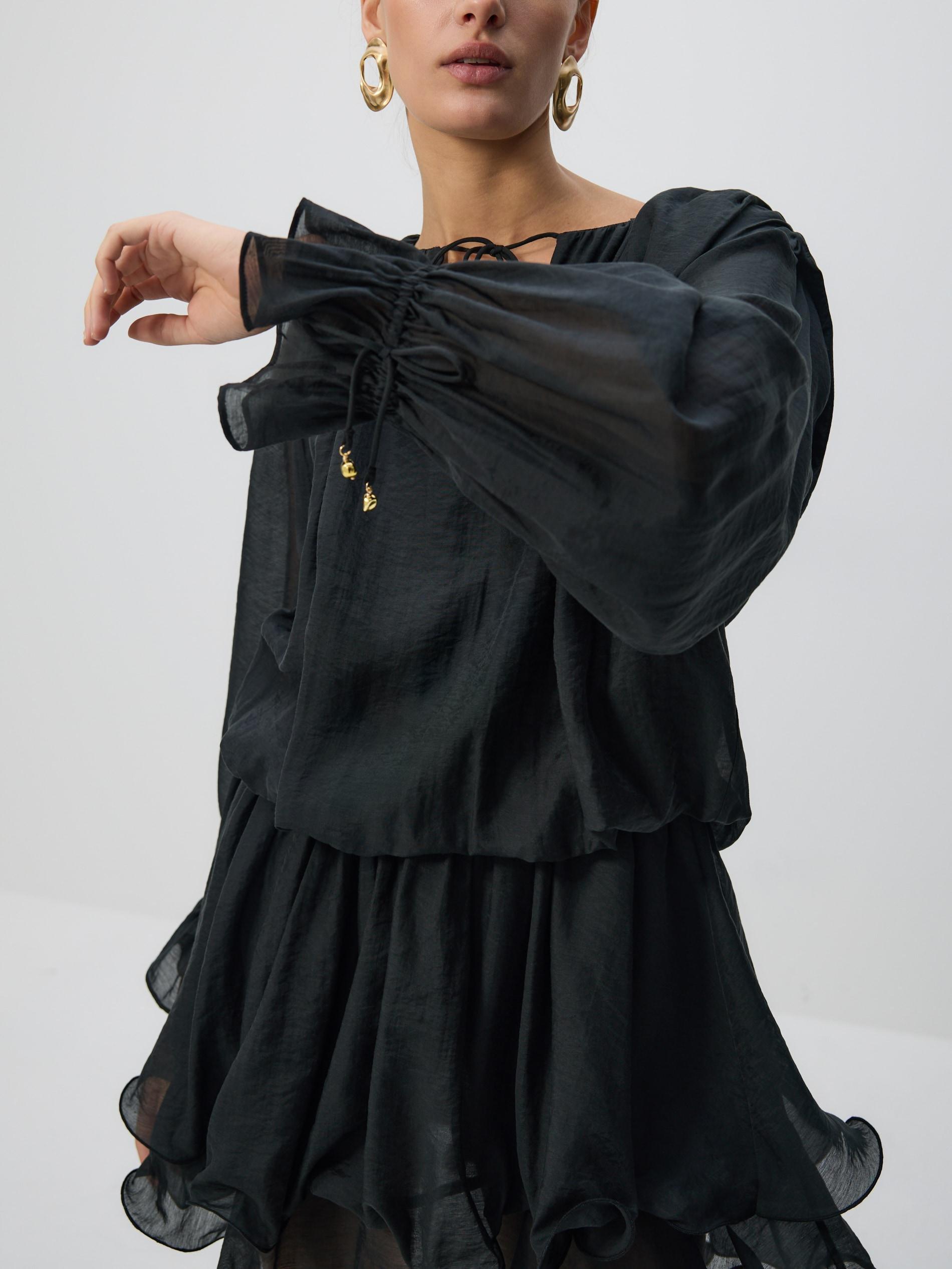 Black Mini Dress With Tie Detail, Black, large image number 0