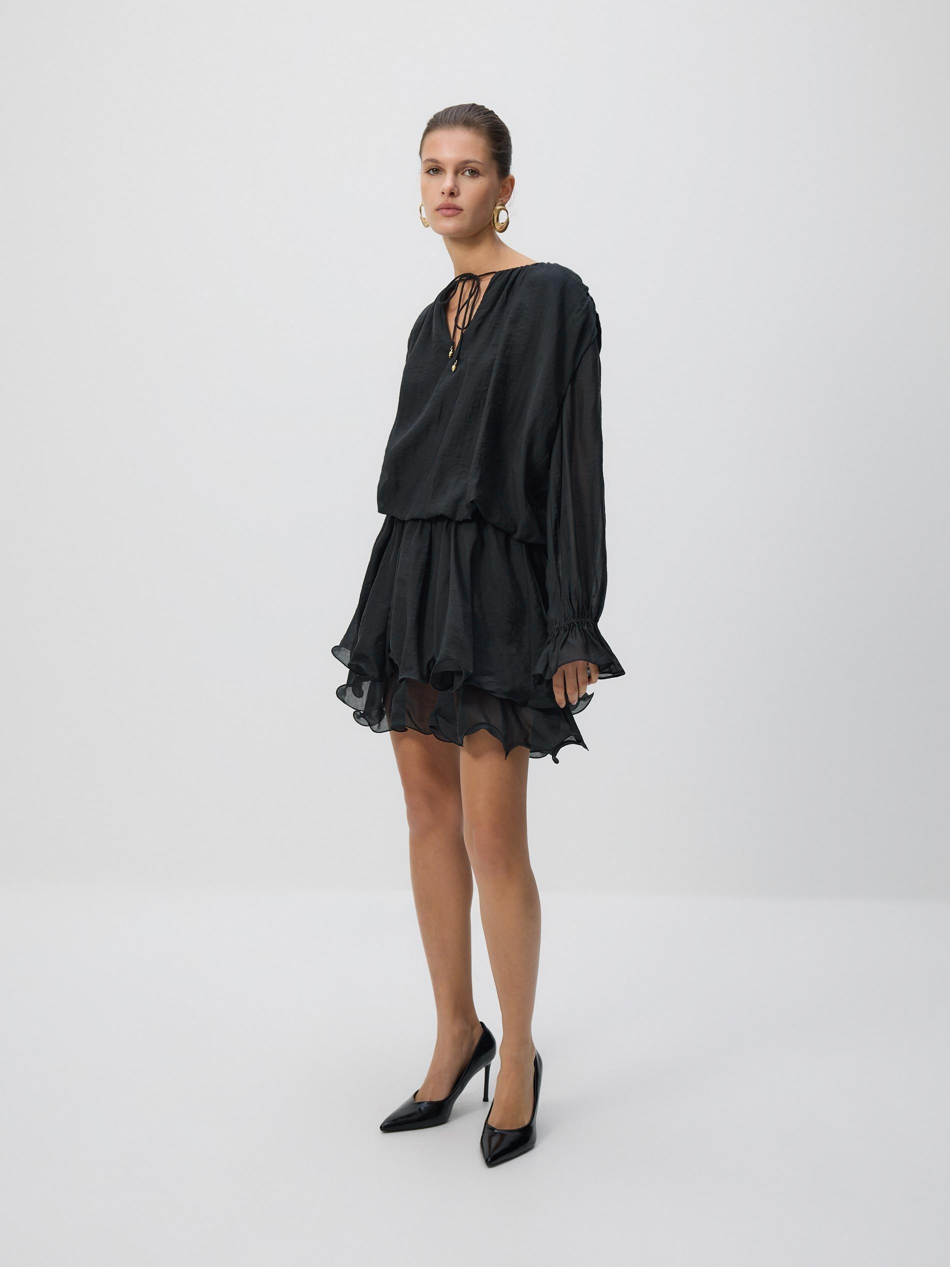 Black Mini Dress With Tie Detail, Black, medium