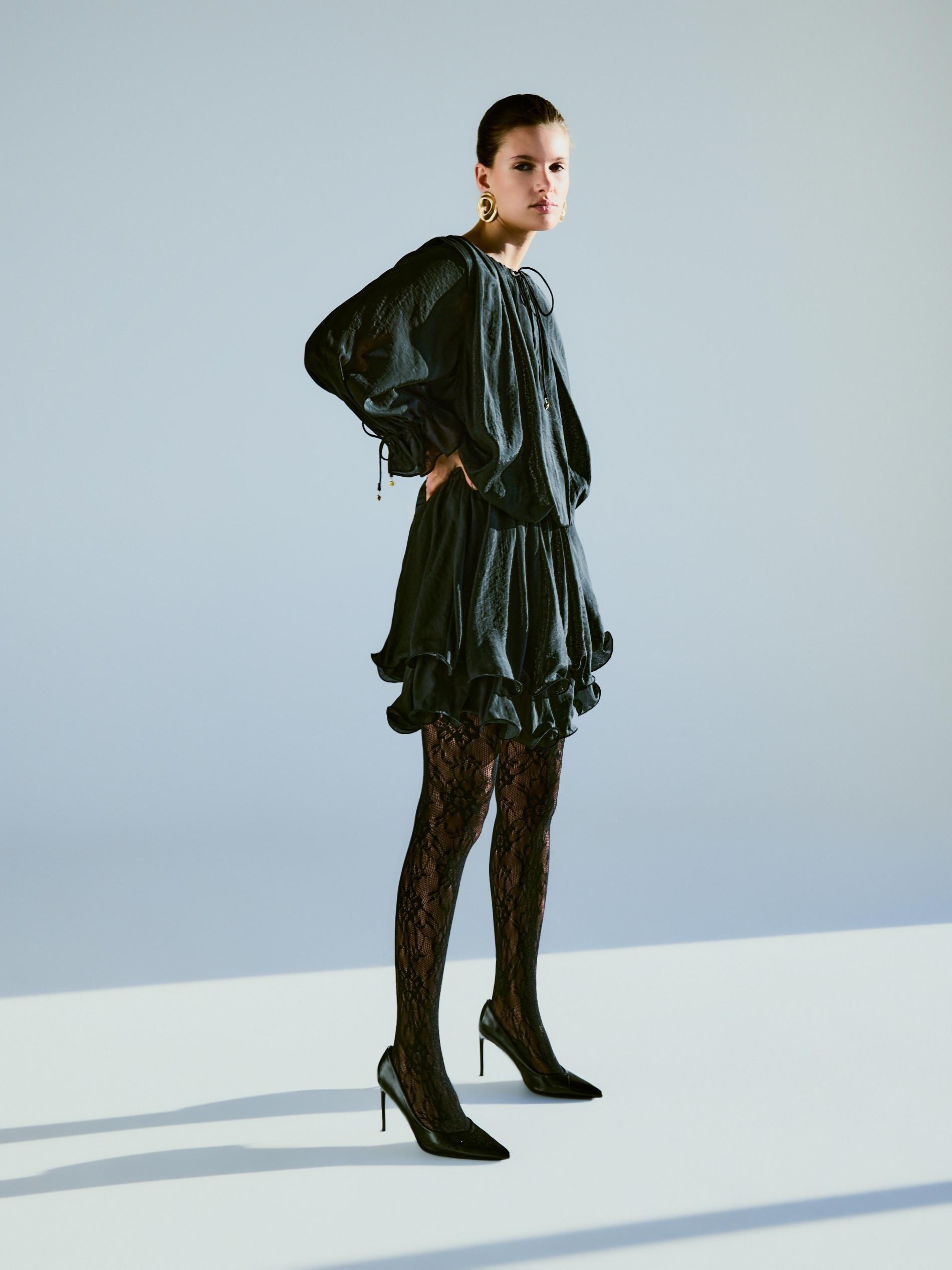 Black Mini Dress With Tie Detail, Black, large image number 6