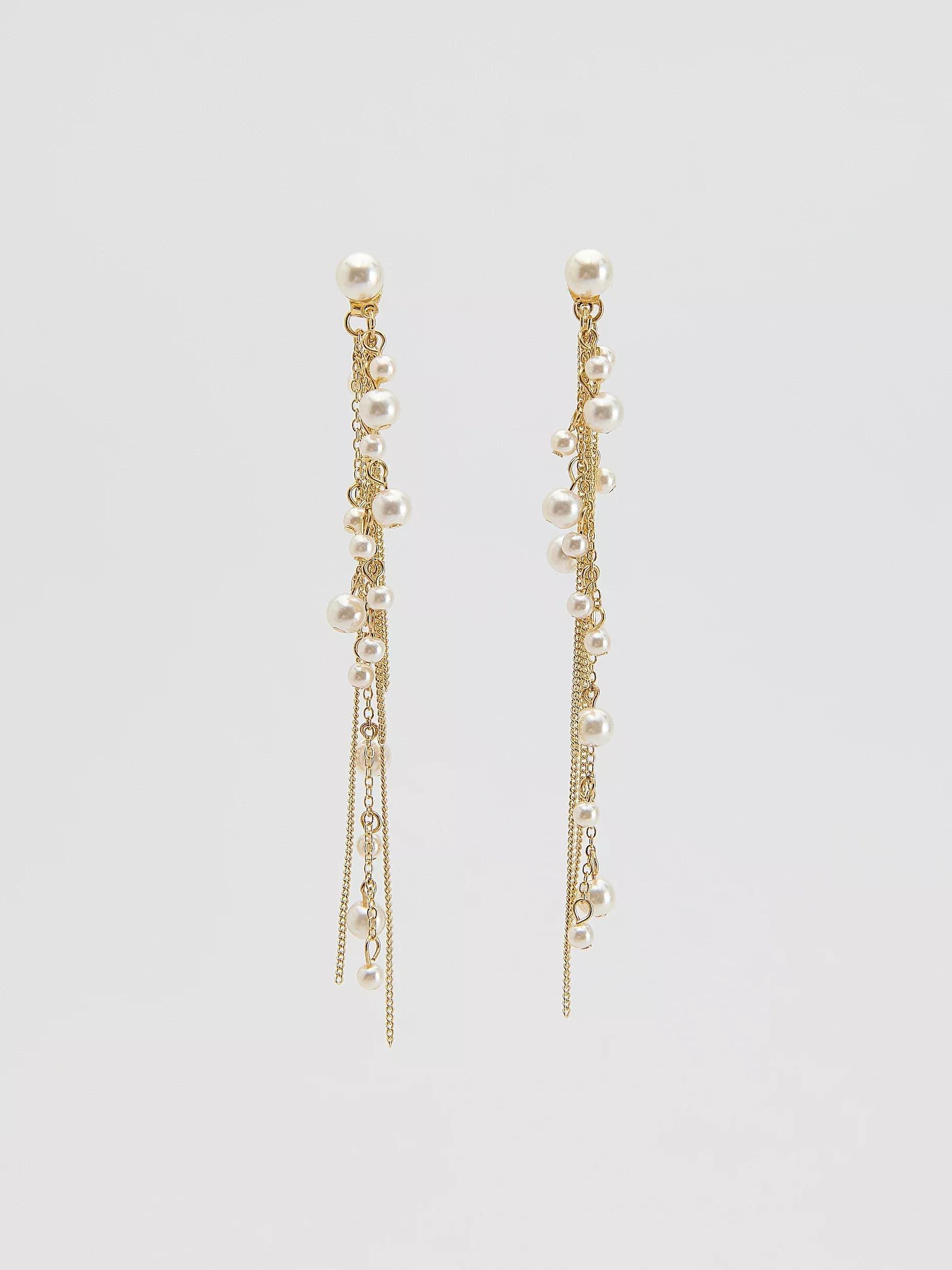 White Drop Earrings With Chain Detail, White, medium