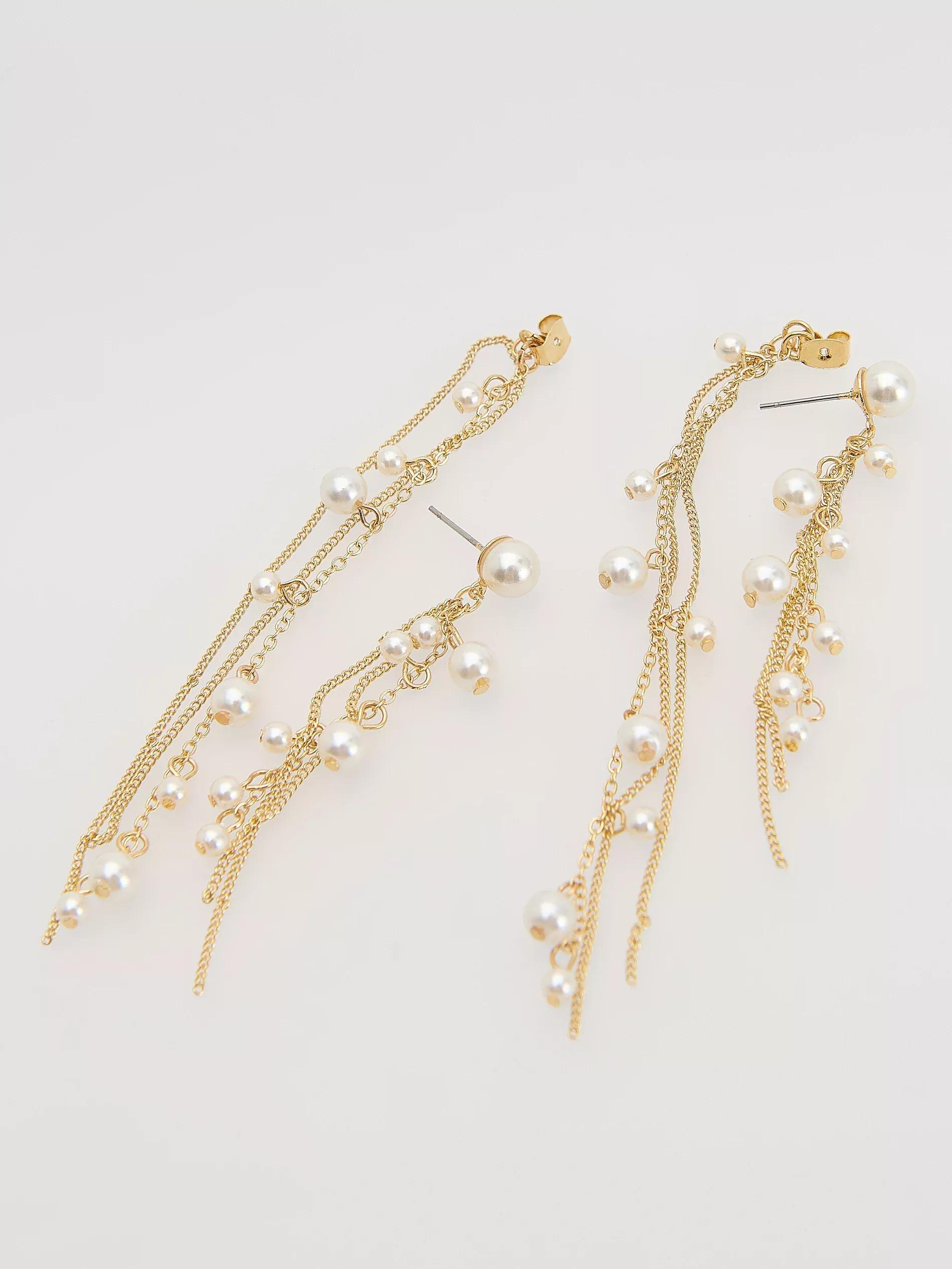 White Drop Earrings With Chain Detail, White, large image number 1