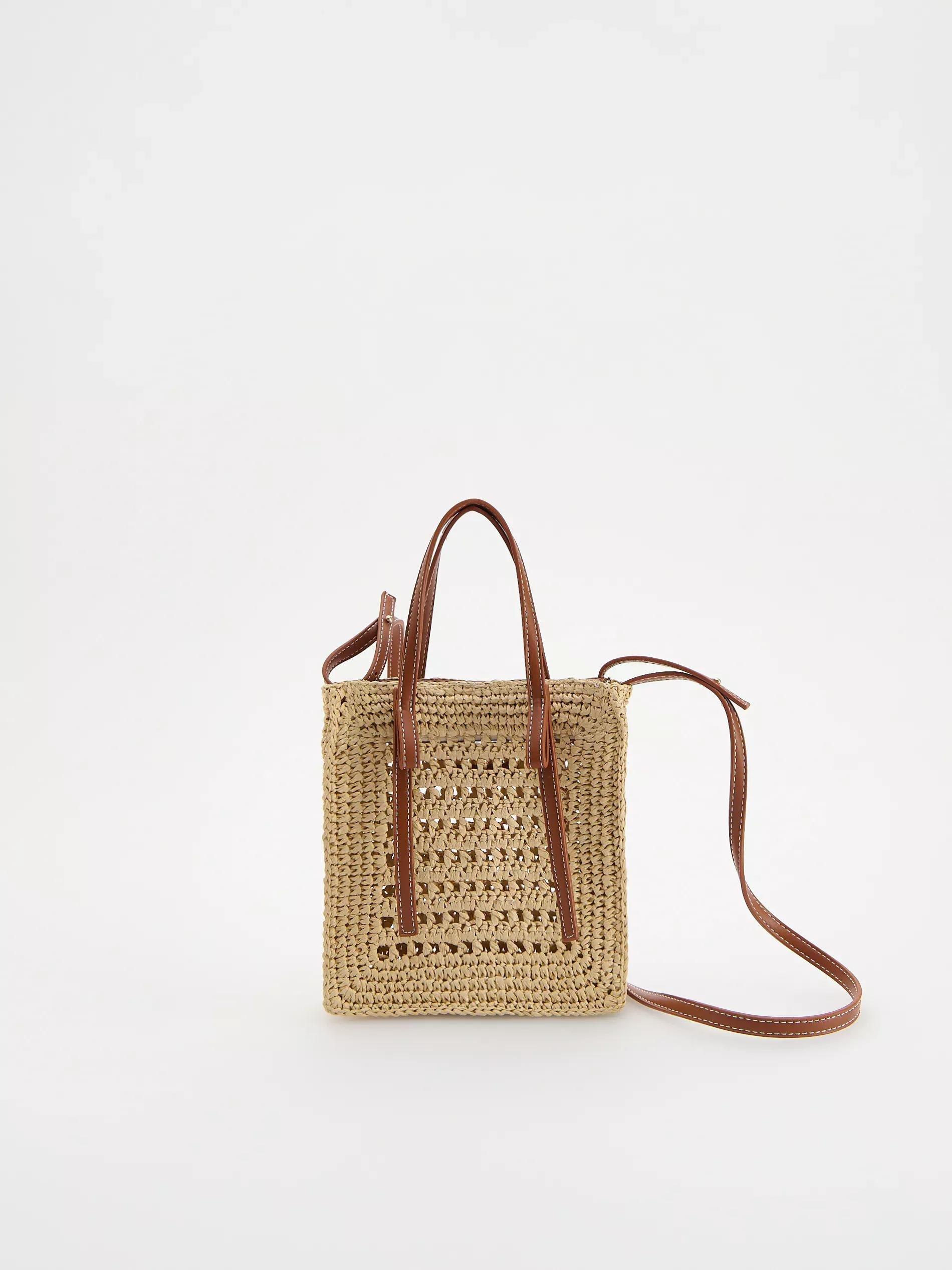 Brown Woven Straw Crossbody Bag, , medium