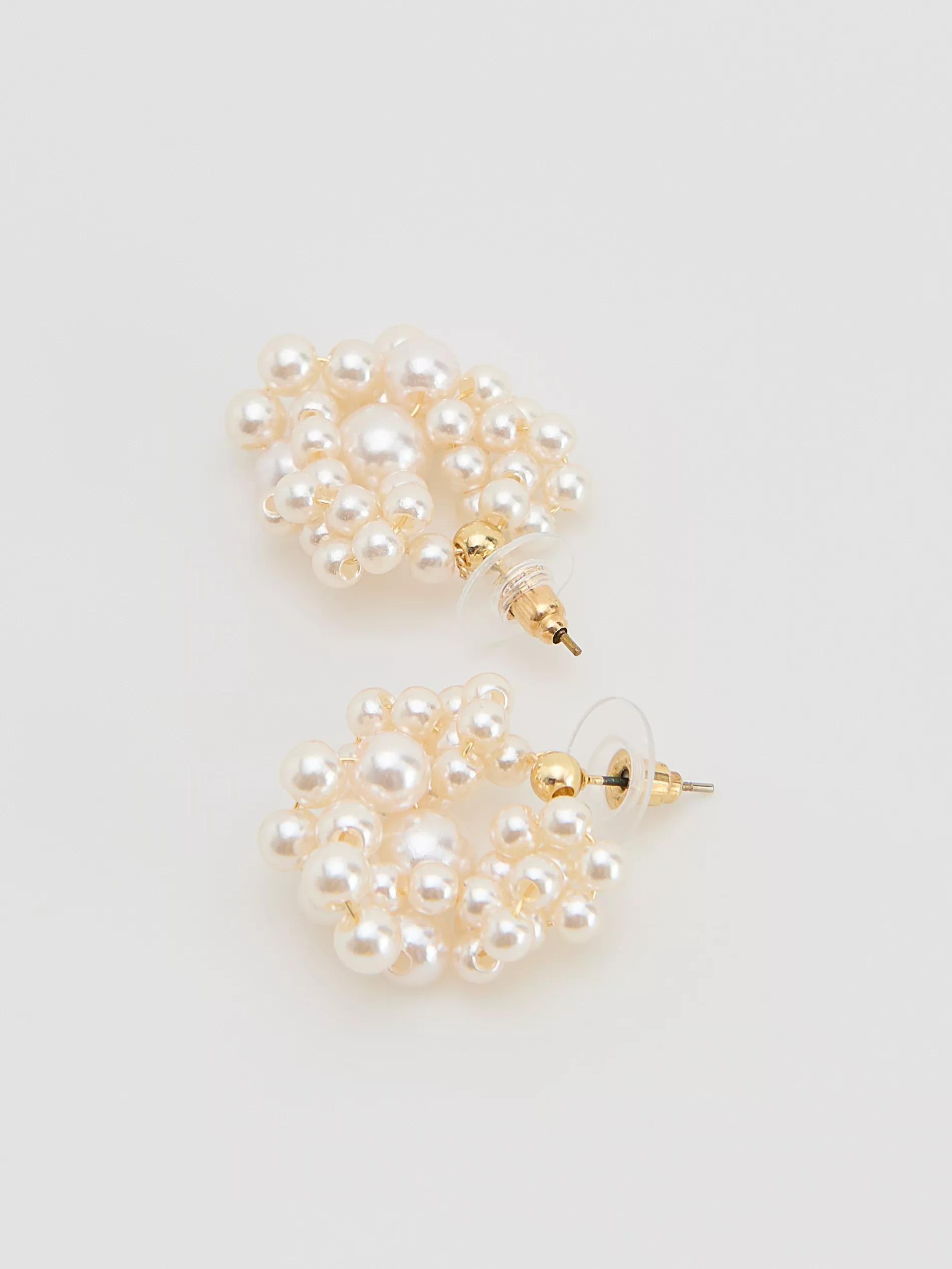 White Pearl Imitation Hoop Earrings, White, large image number 1
