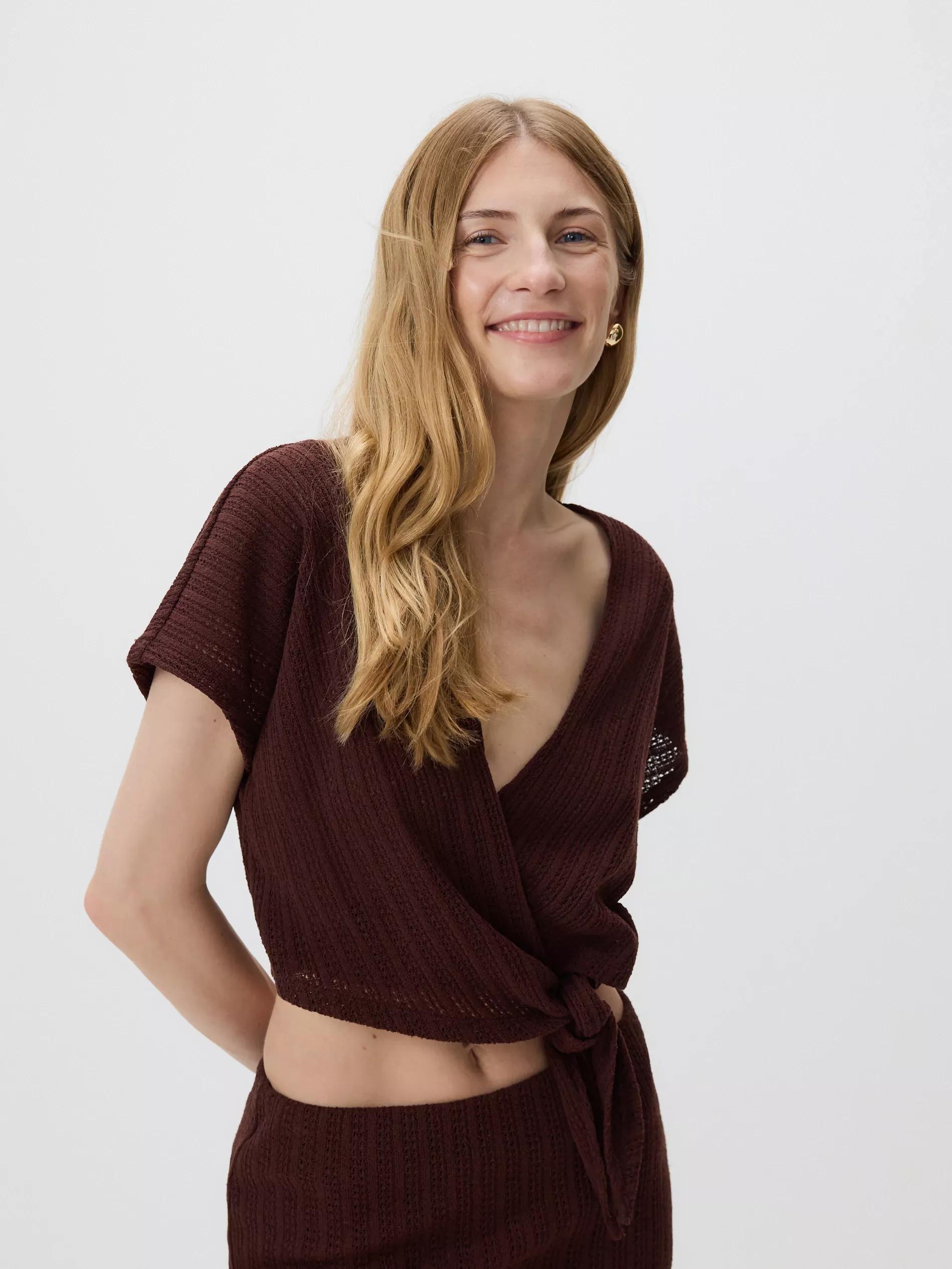 Brown Blouse With Tie Details, , large image number 1