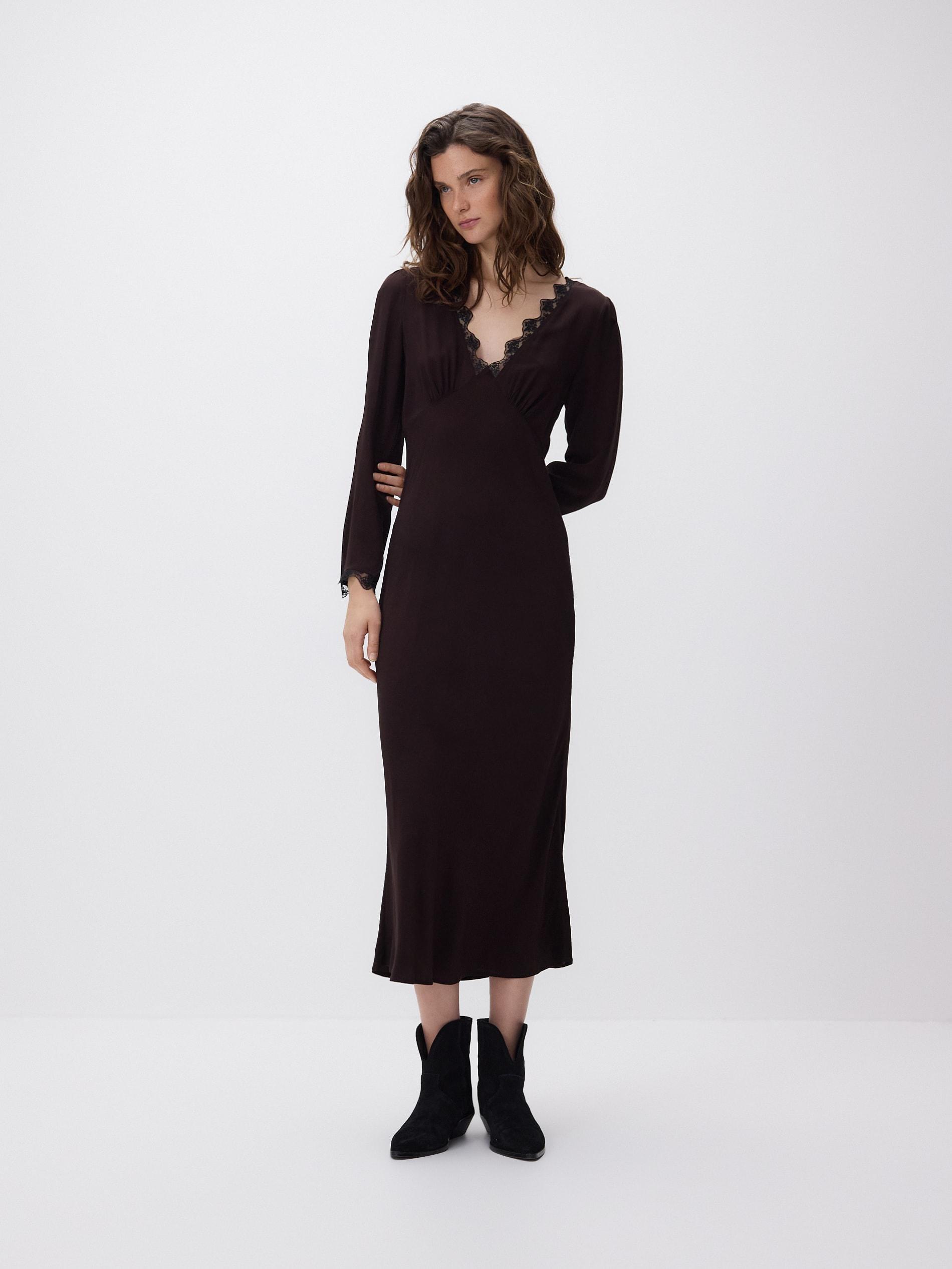 Brown Maxi Dress With Lace, Brown, large image number 0