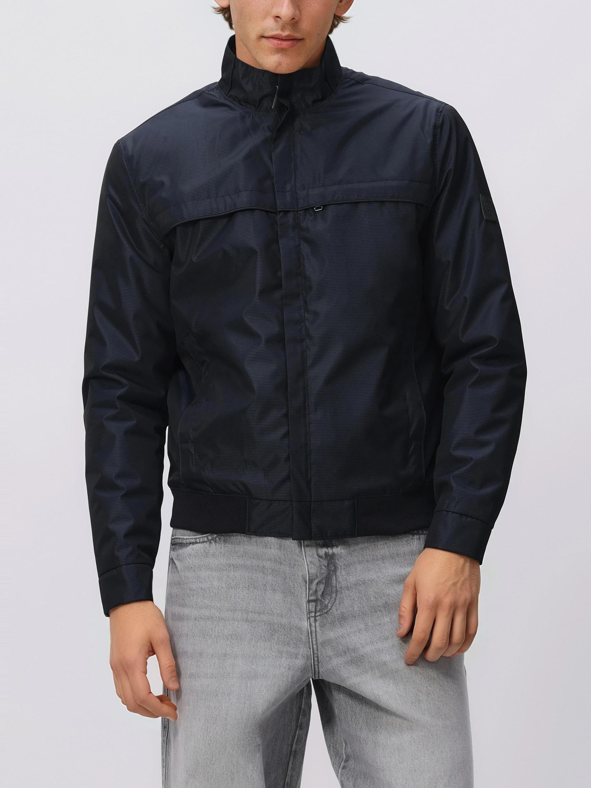 Navy Bomber Jacket With A Stand-Up Collar, Navy, medium