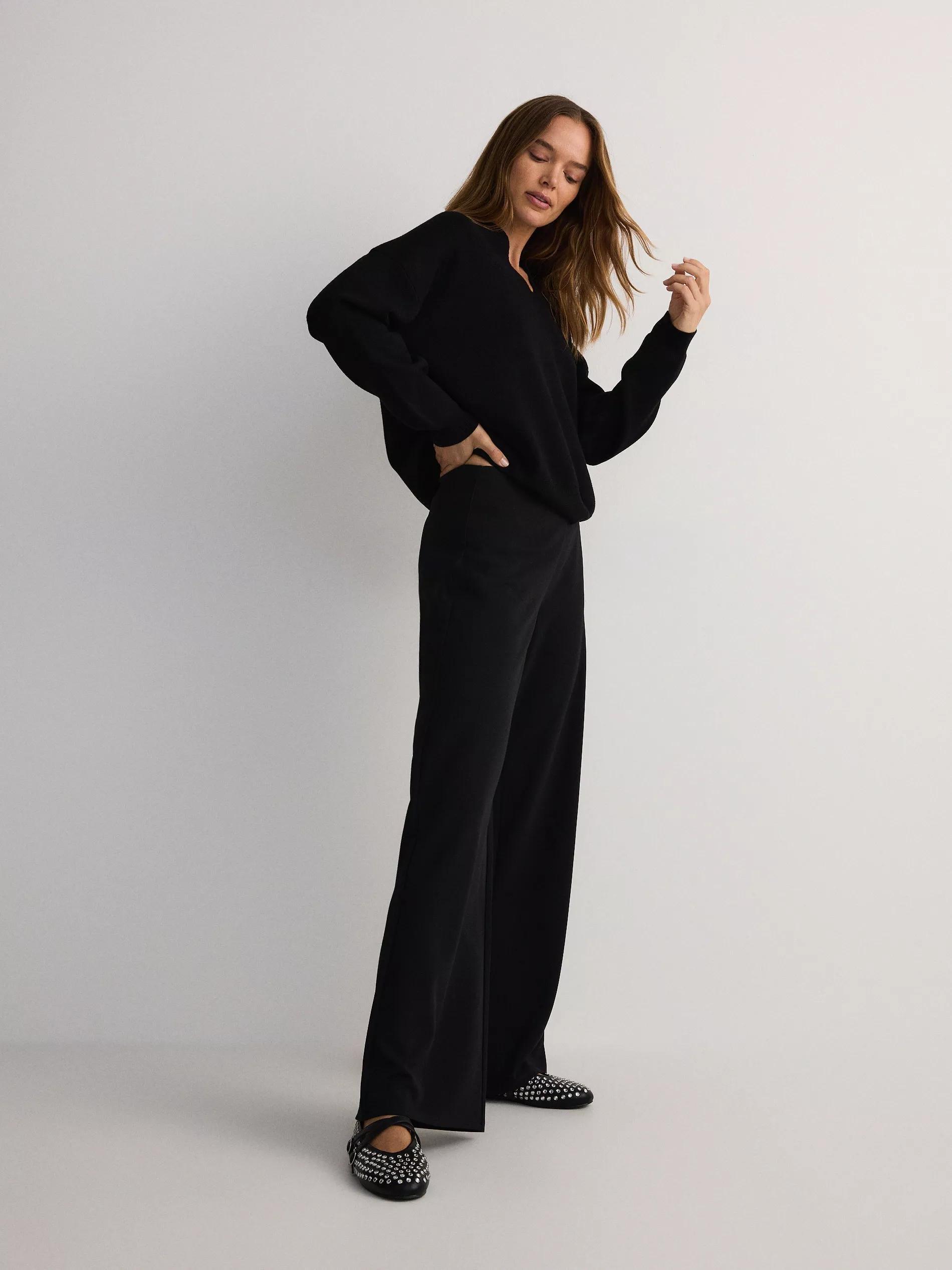 Black Wide Leg Trousers, Black, medium