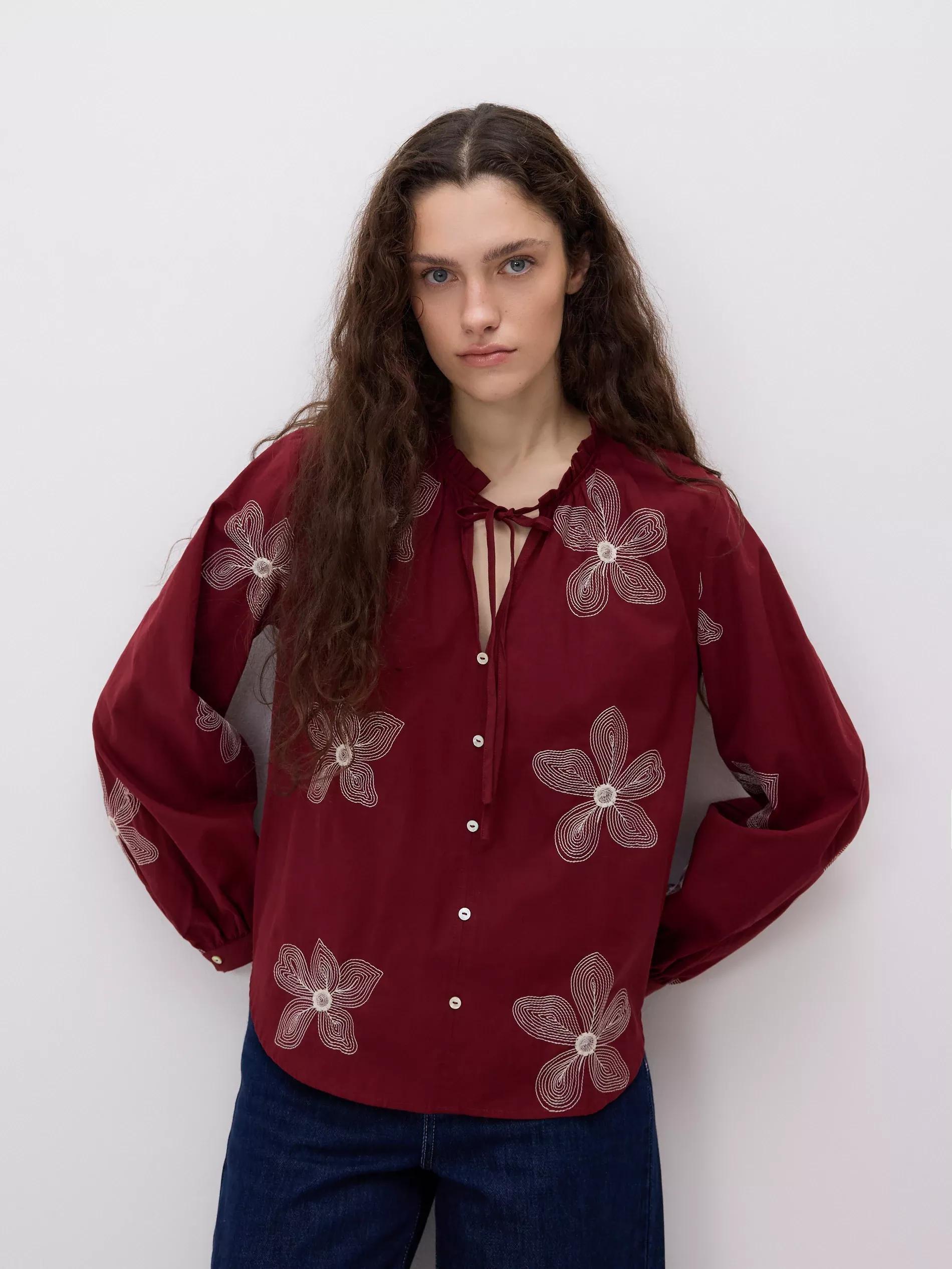 Burgundy Cotton Blouse With Floral Print, Burgundy, medium