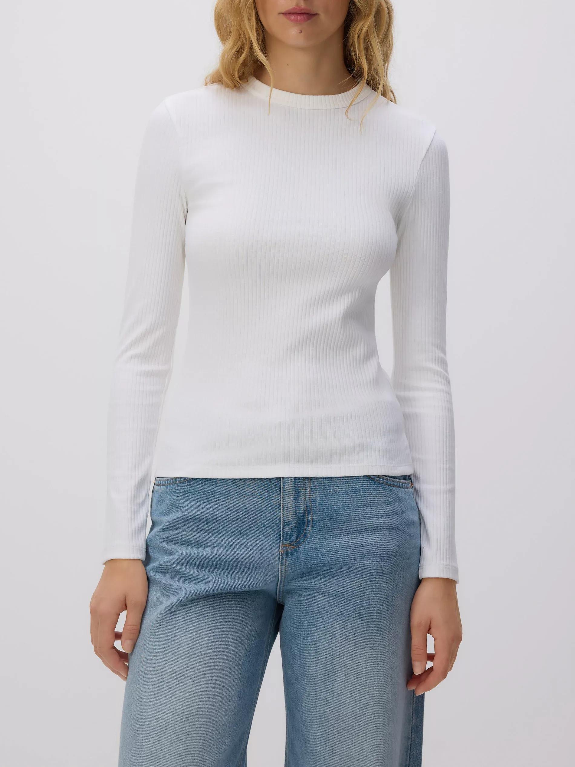 White Rib Knit Long Sleeve T-Shirt, White, large image number 1