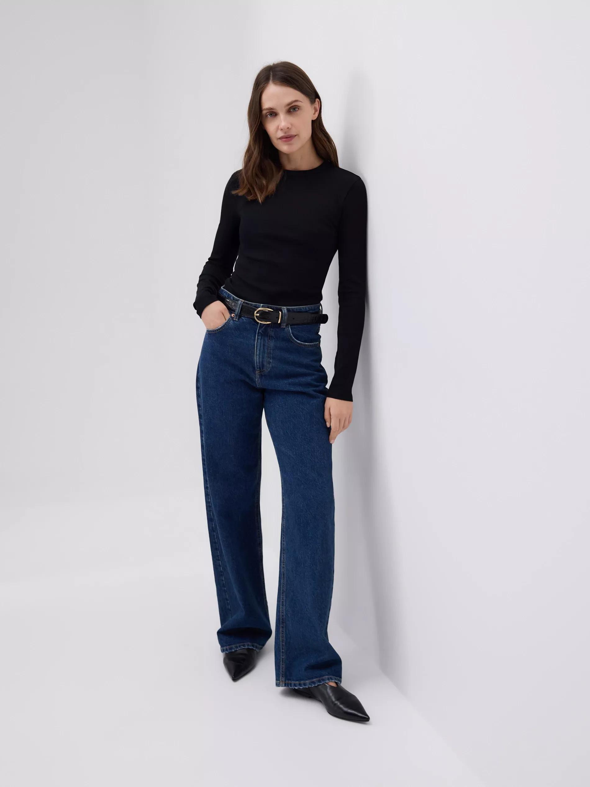 Black Rib Knit Long Sleeve T-Shirt, Black, medium