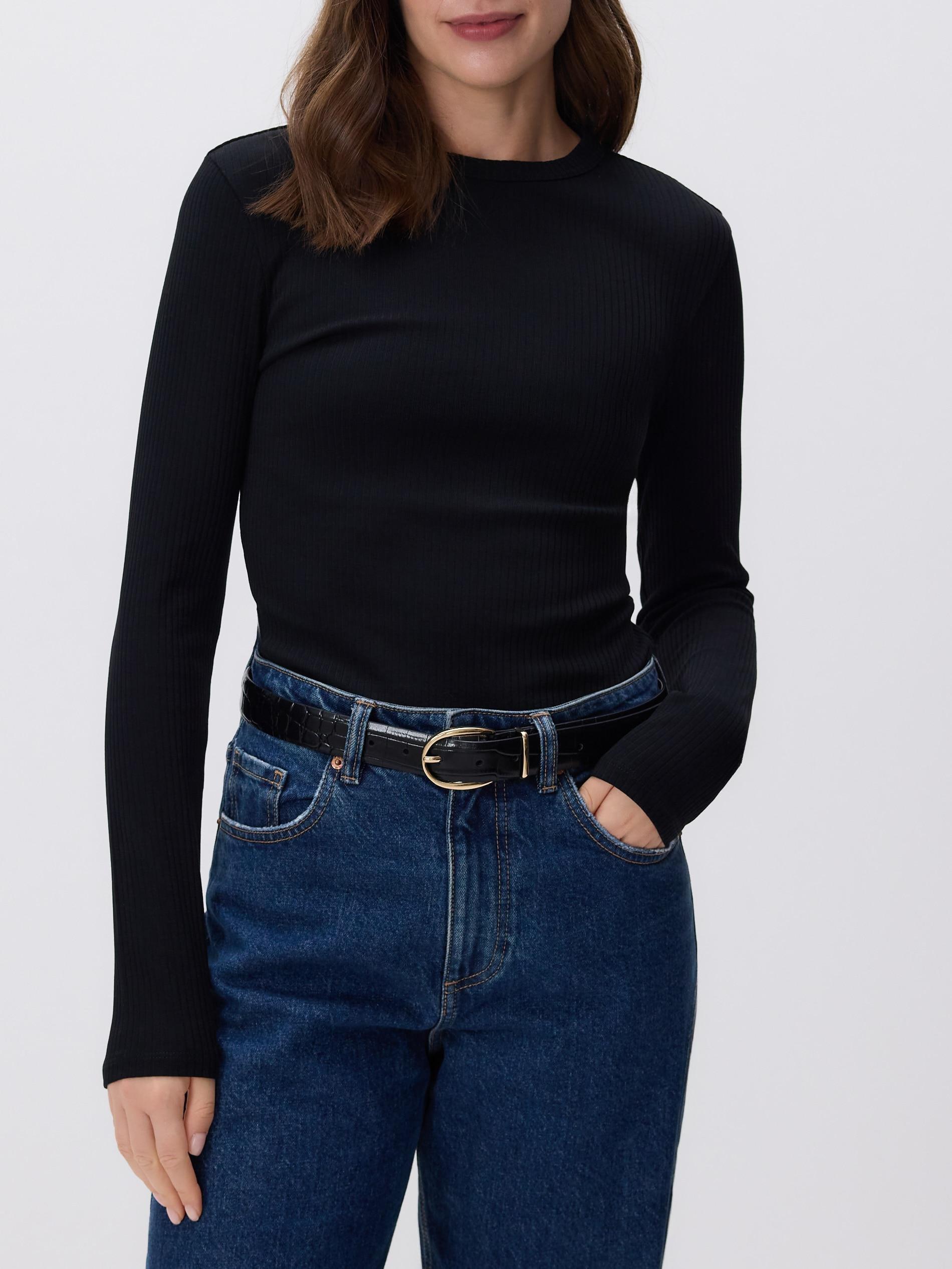 Black Rib Knit Long Sleeve T-Shirt, , large image number 1