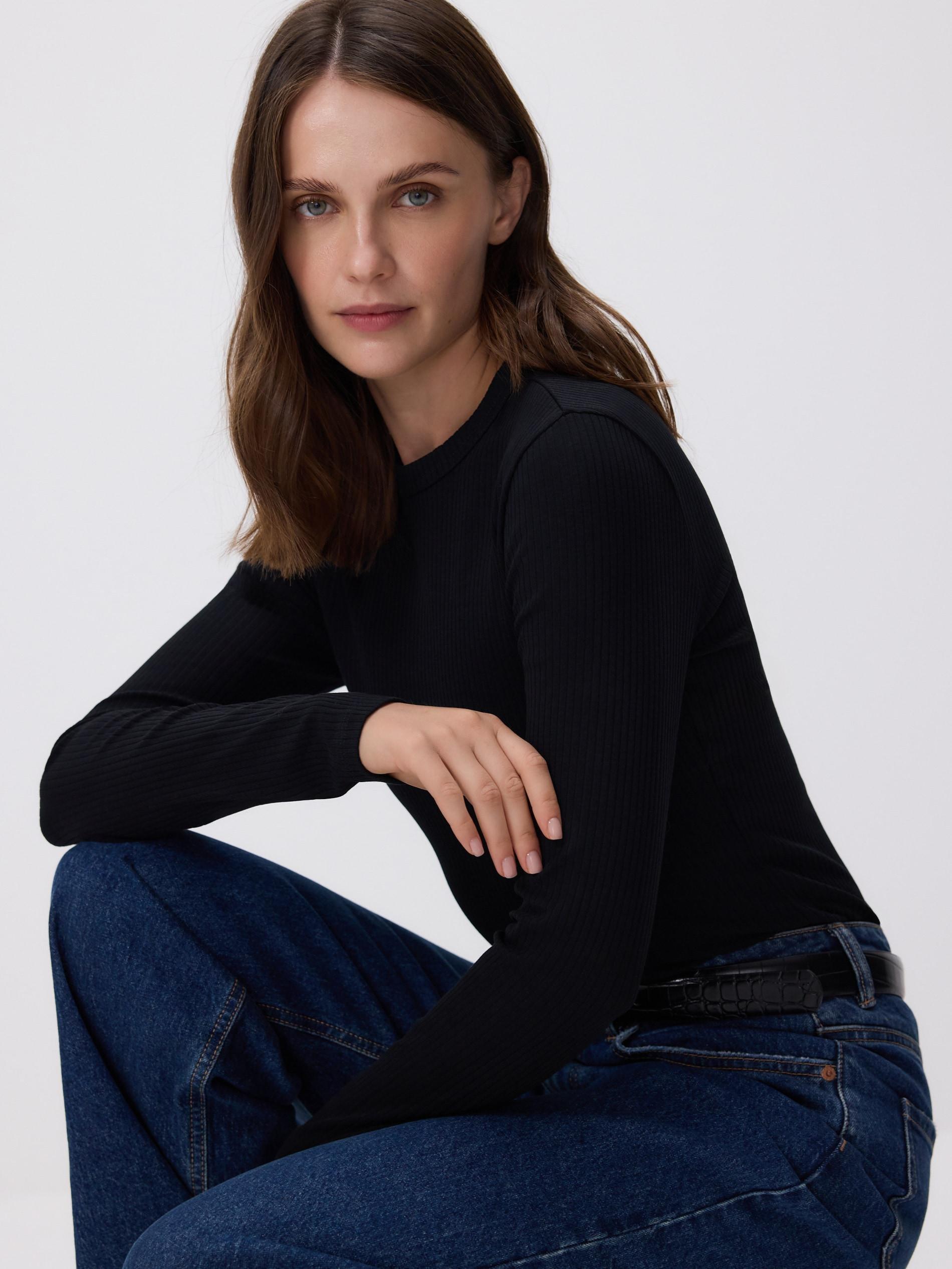 Black Rib Knit Long Sleeve T-Shirt, , large image number 2