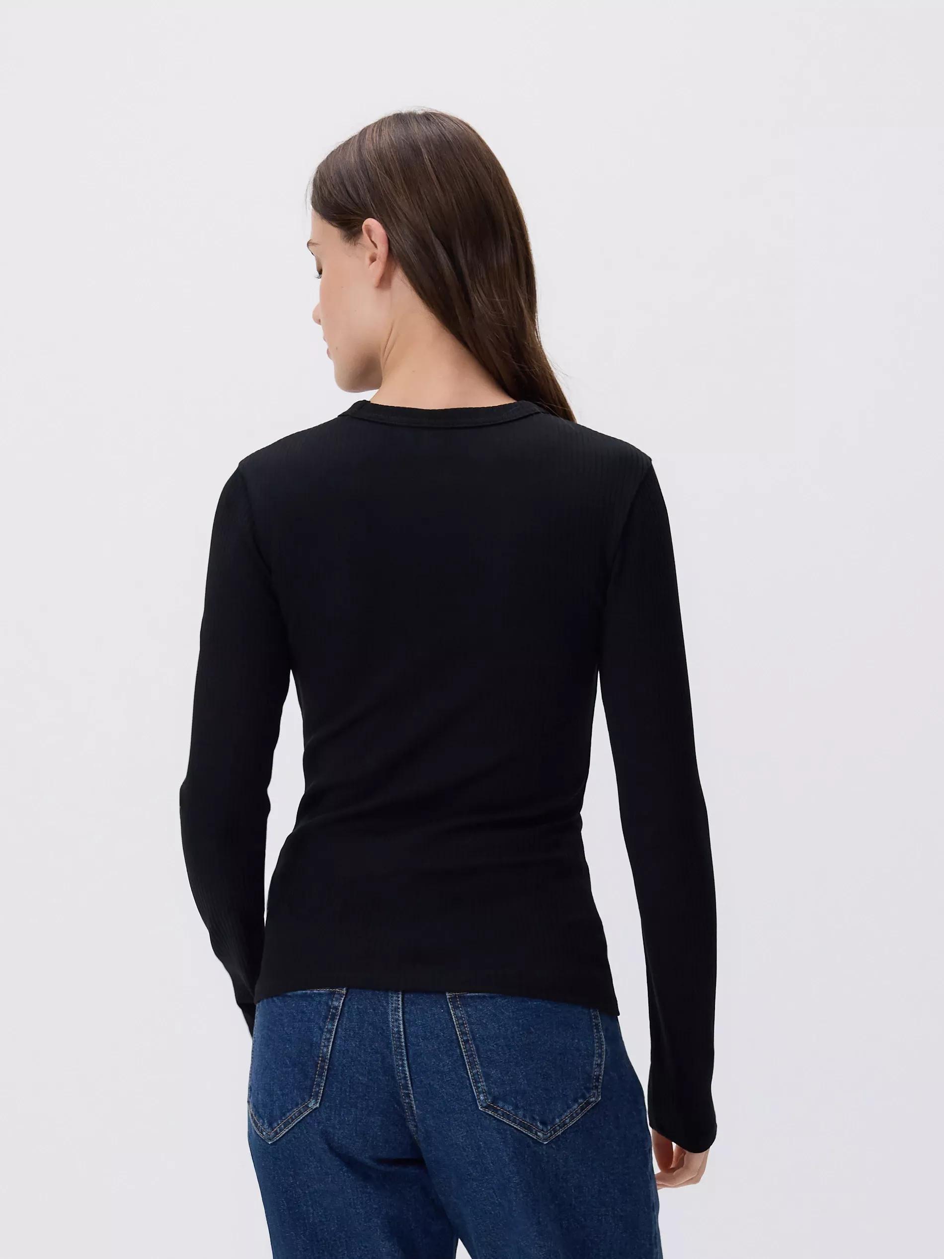 Black Rib Knit Long Sleeve T-Shirt, , large image number 3