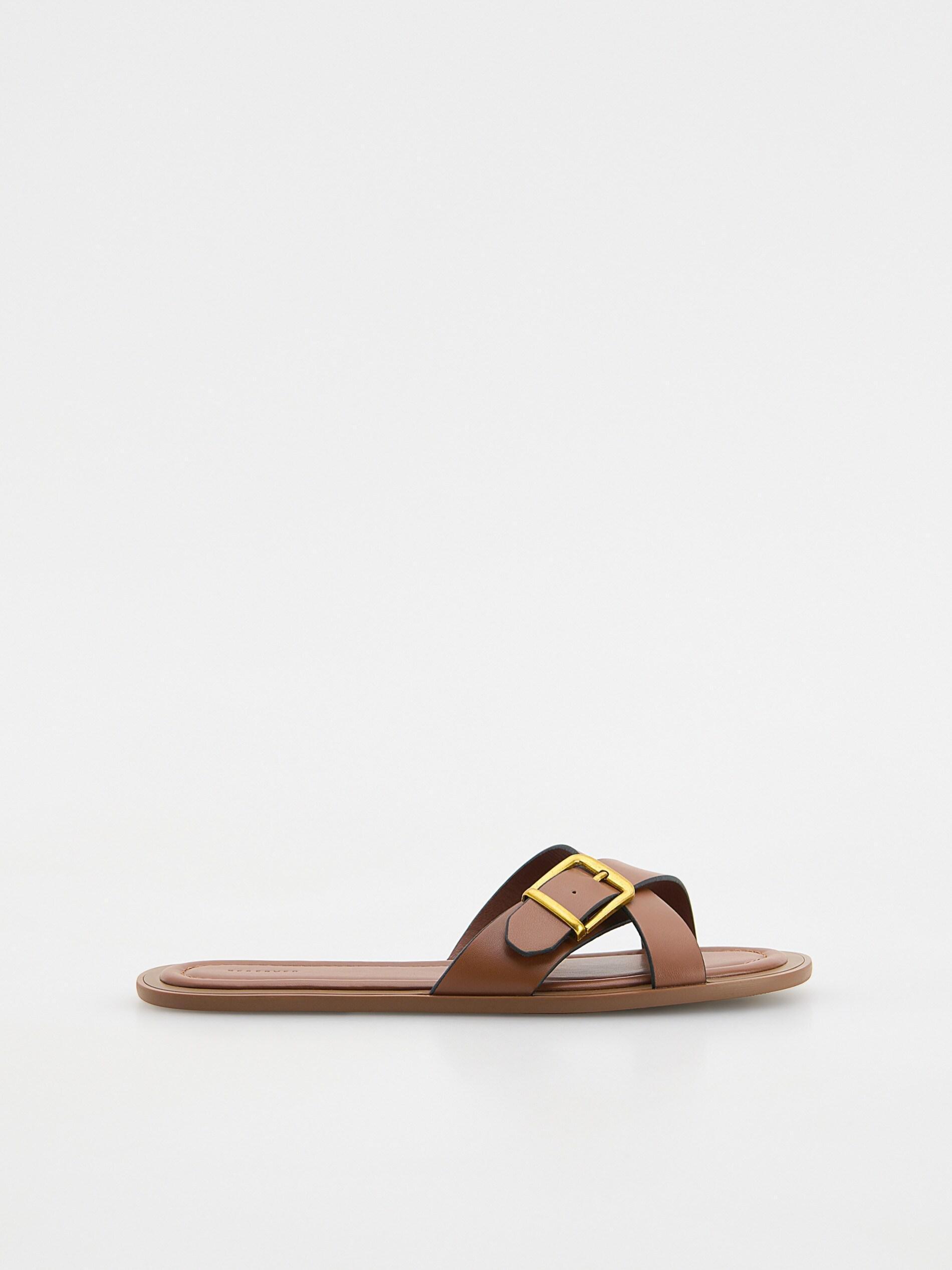 Brown Leather Rich Sliders With Buckles, Brown, medium