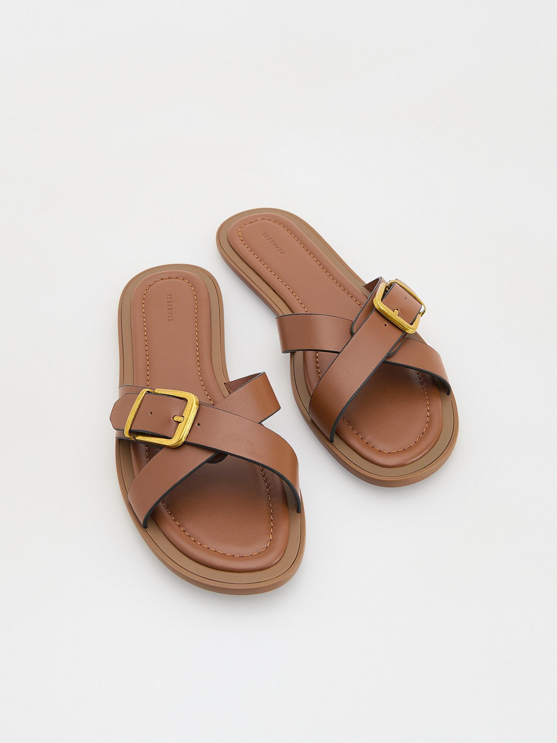 Brown Leather Rich Sliders With Buckles, Brown, medium