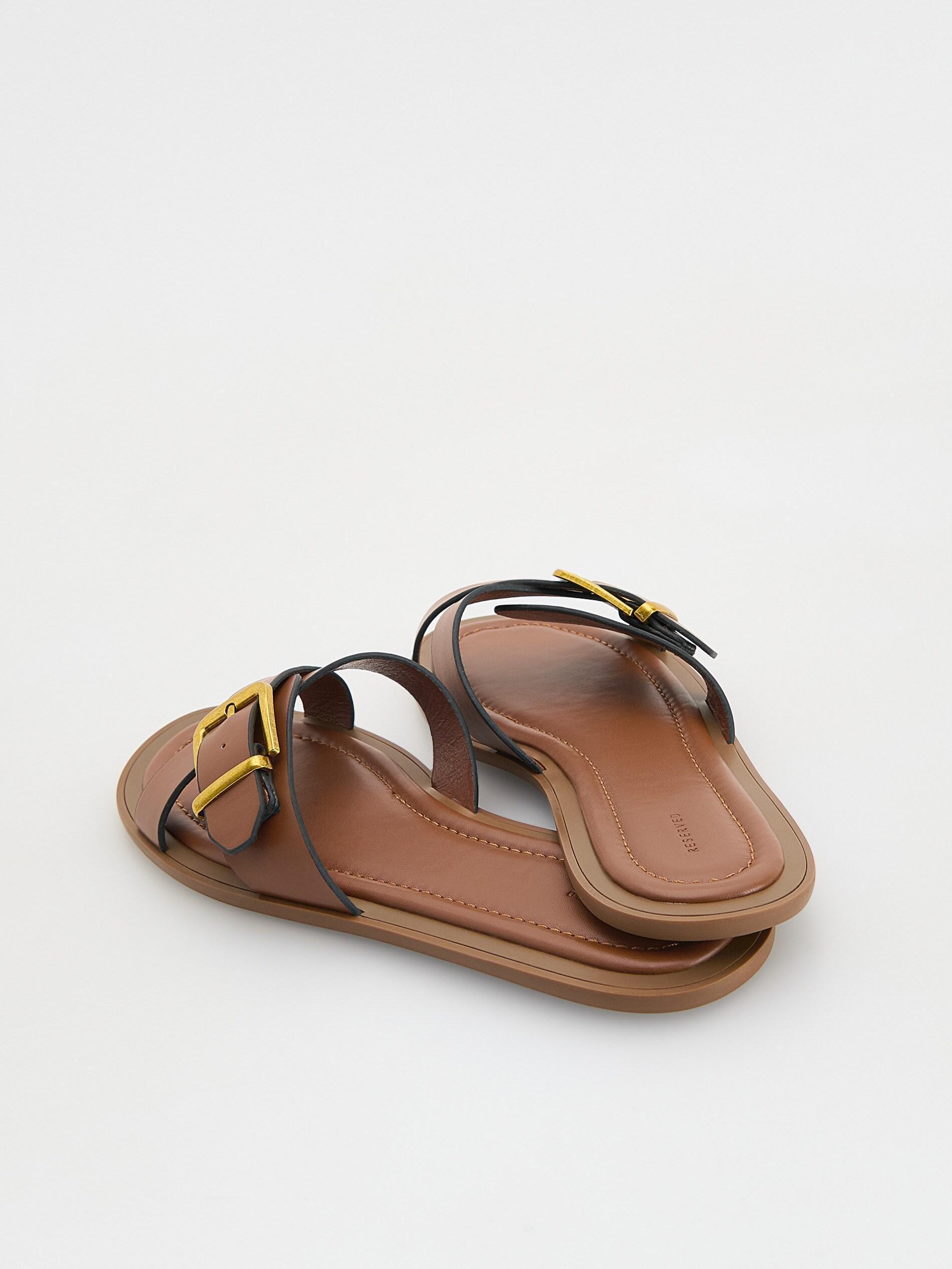 Brown Leather Rich Sliders With Buckles, Brown, medium