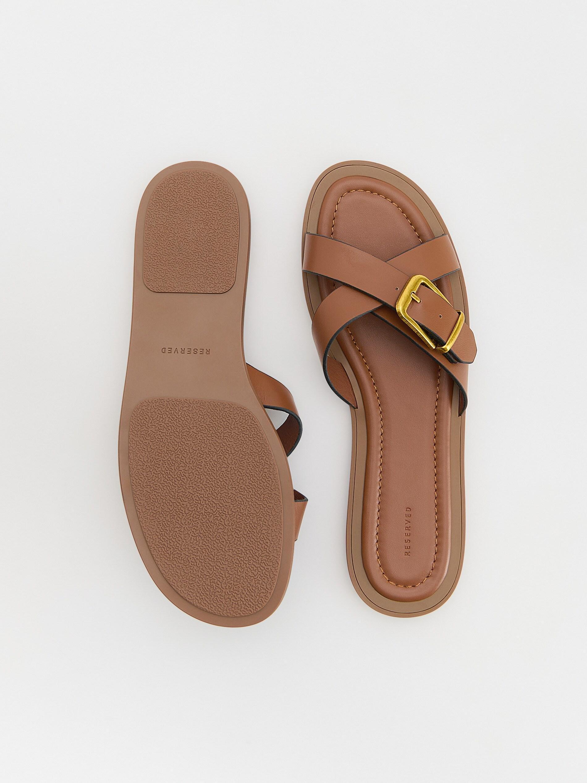 Brown Leather Rich Sliders With Buckles, Brown, large image number 3