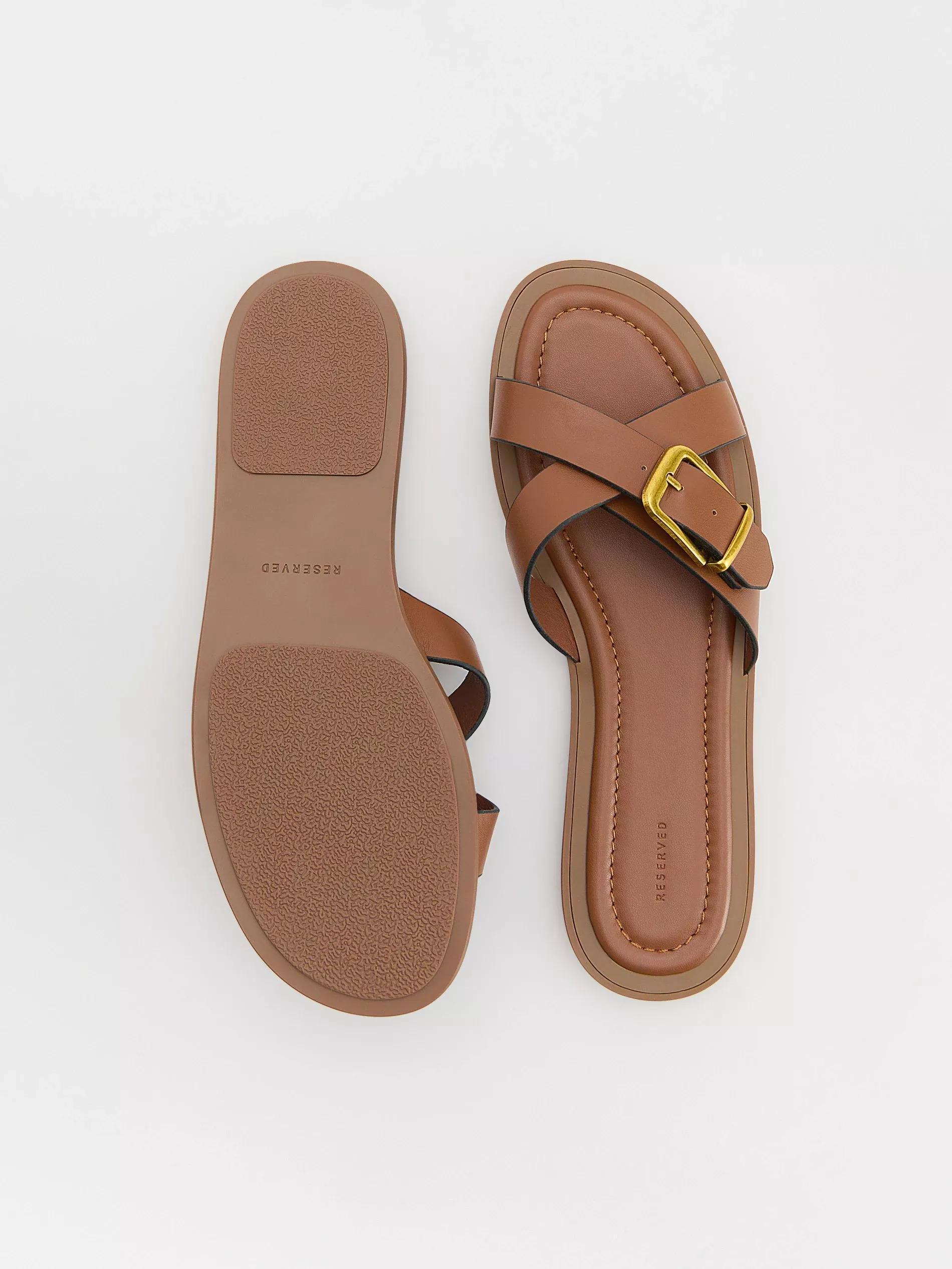 Brown Leather Rich Sliders With Buckles, Brown, large image number 4