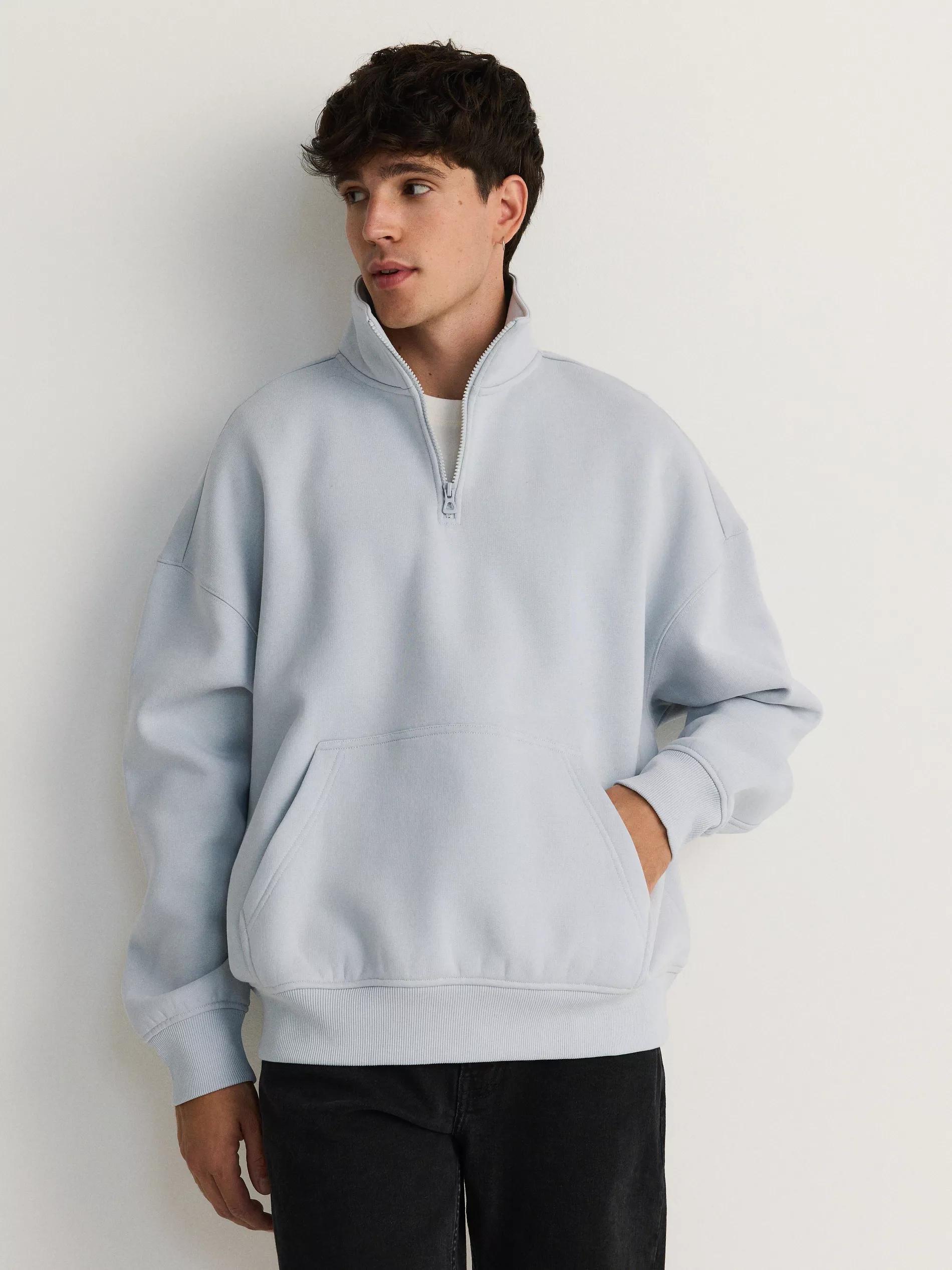 Blue Oversized Sweatshirt With Stand-Up Collar, , large image number 1