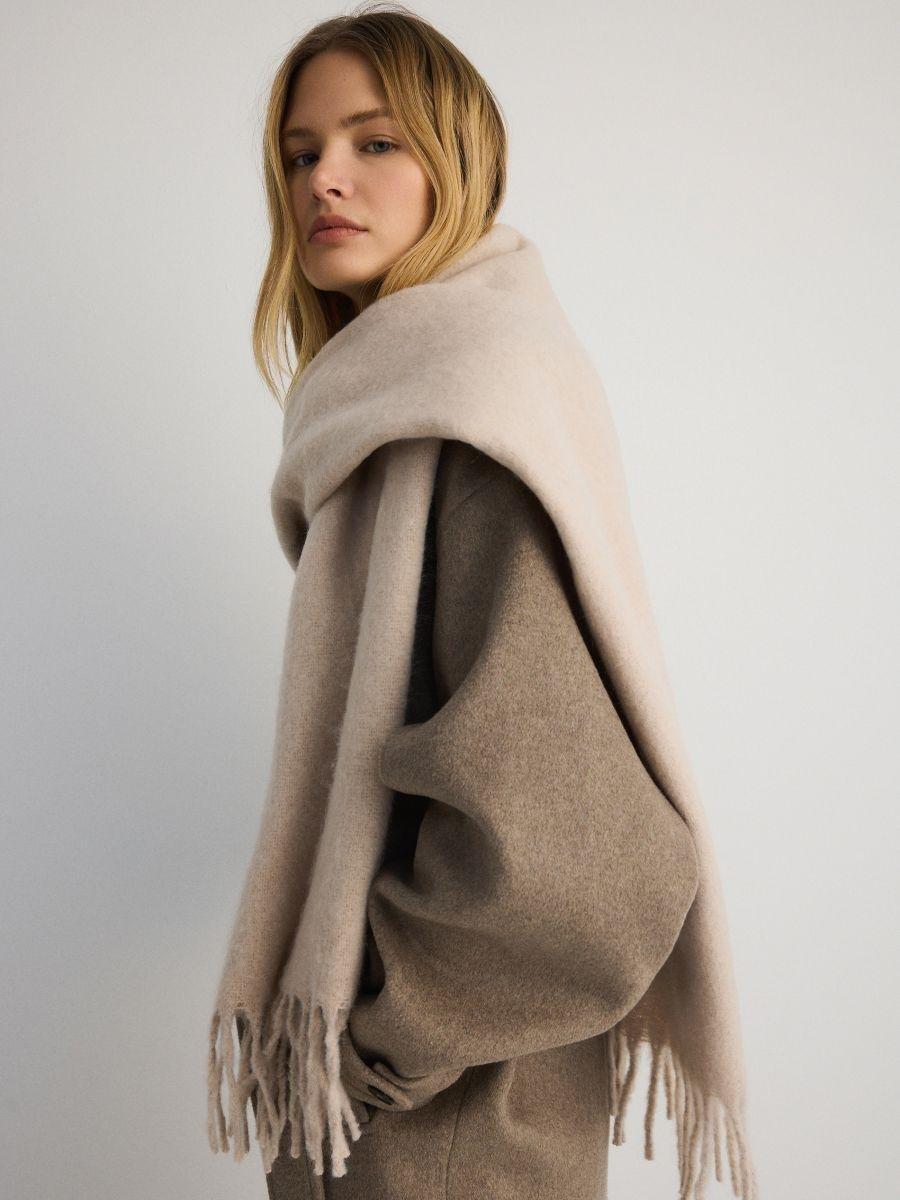 Cream Plain Scarf With Fringes, Ivory, large image number 0