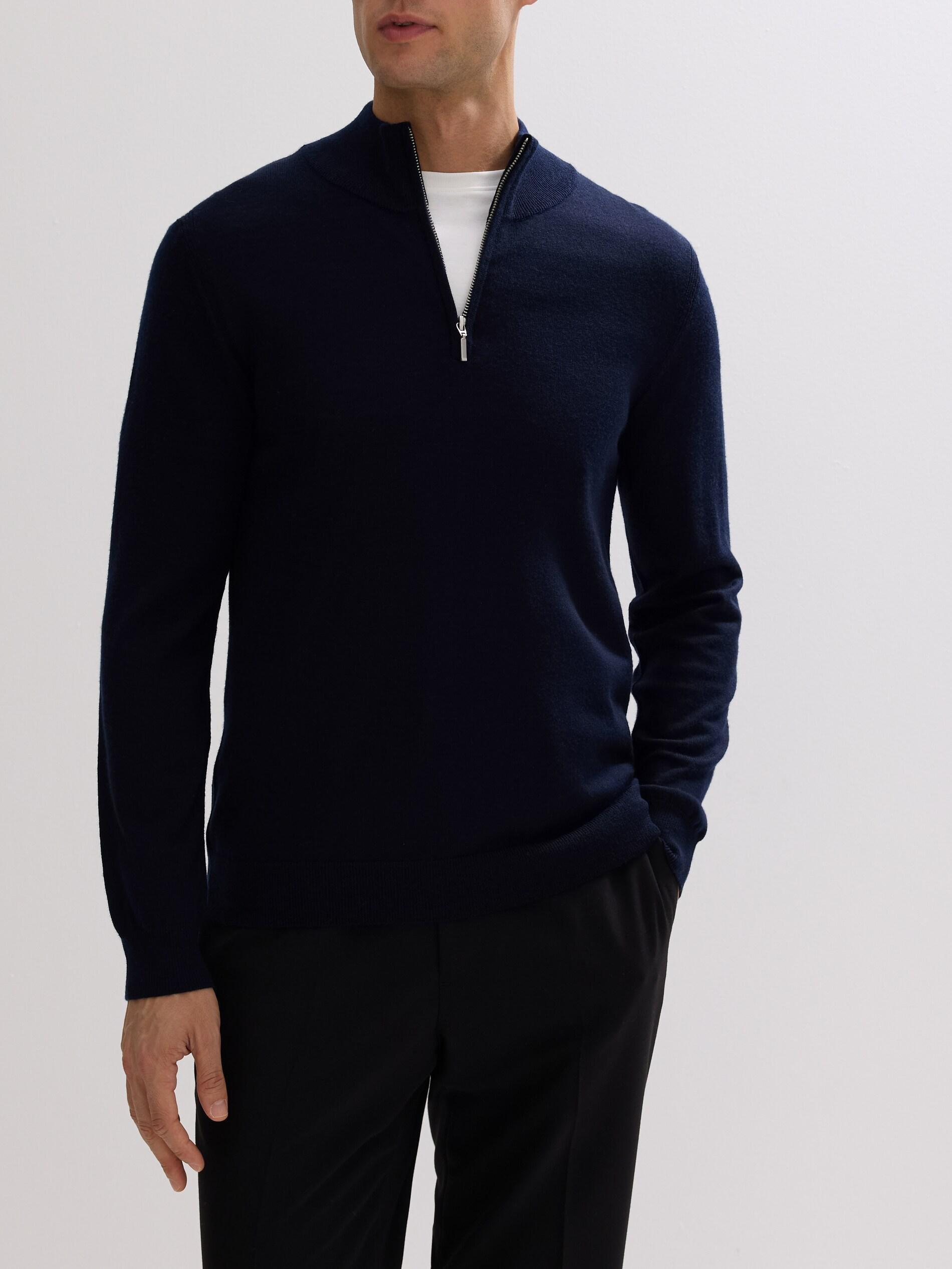 Navy Merino Wool Jumper With Fastening, Navy, medium