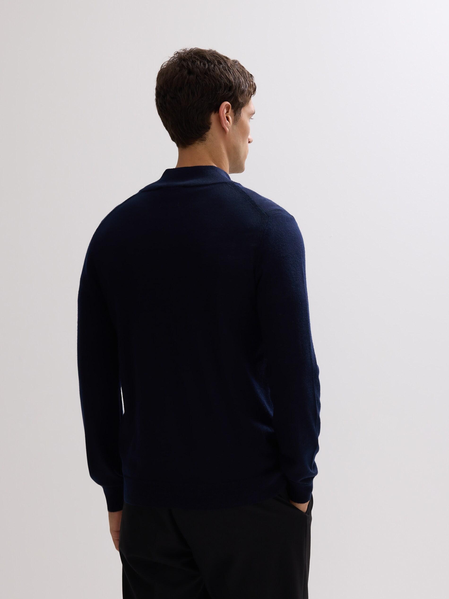 Navy Merino Wool Jumper With Fastening, Navy, medium