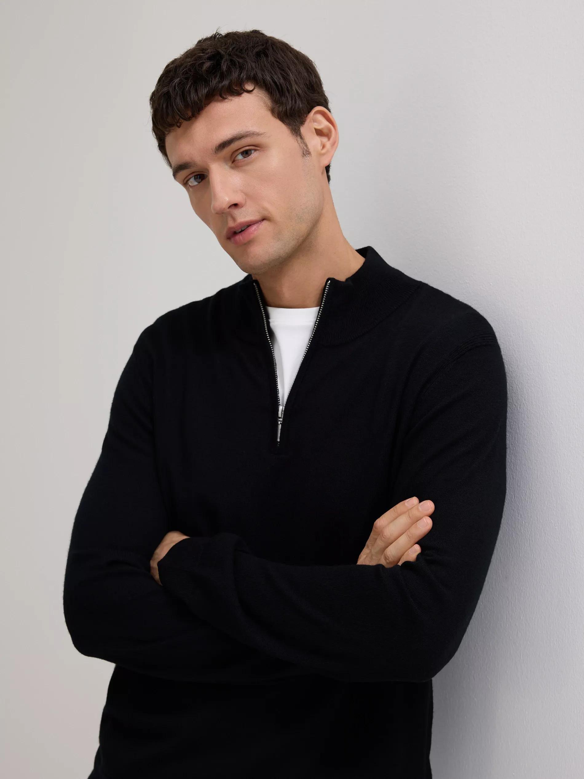 Black Merino Wool Jumper With Fastening, Black, medium