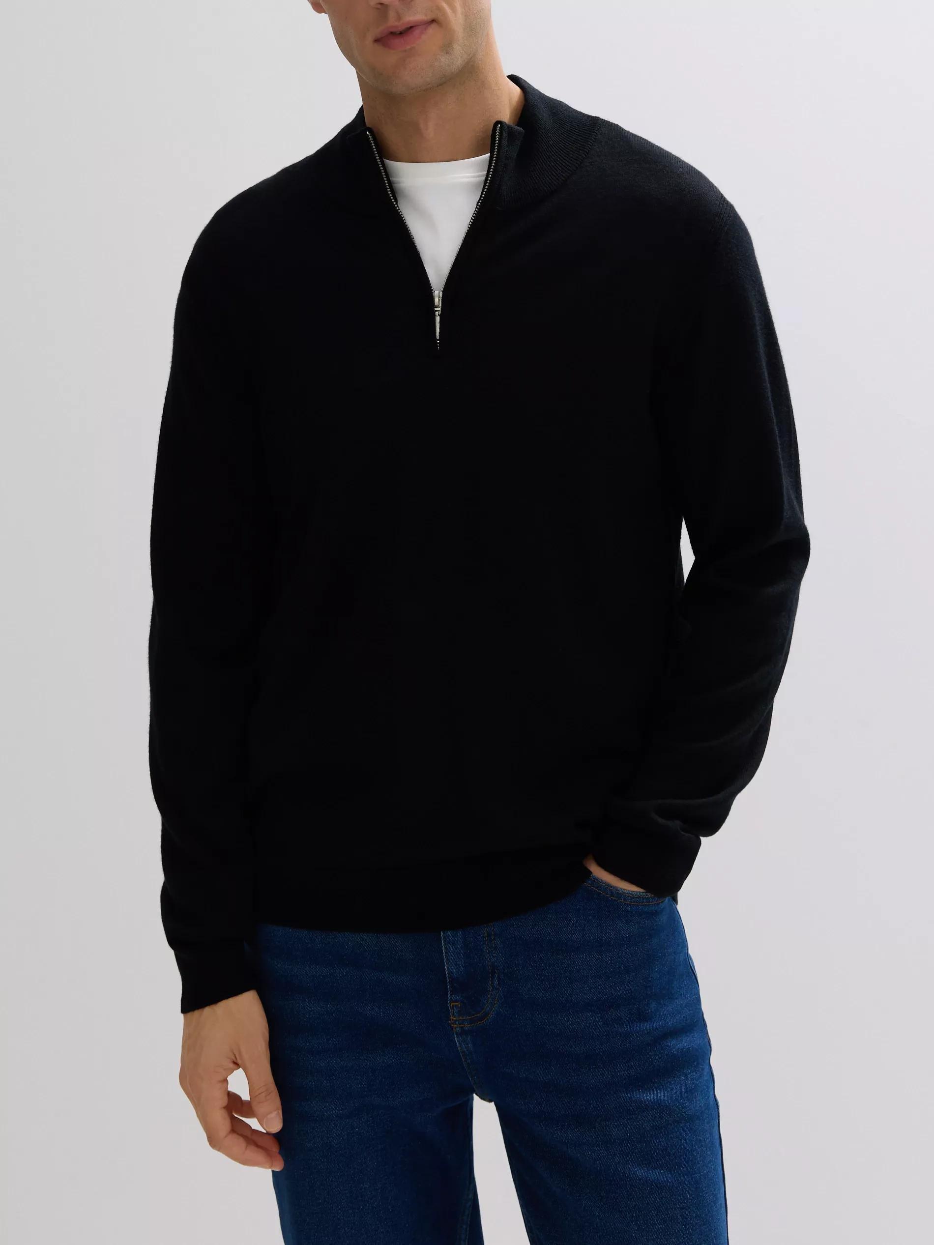 Black Merino Wool Jumper With Fastening, Black, medium