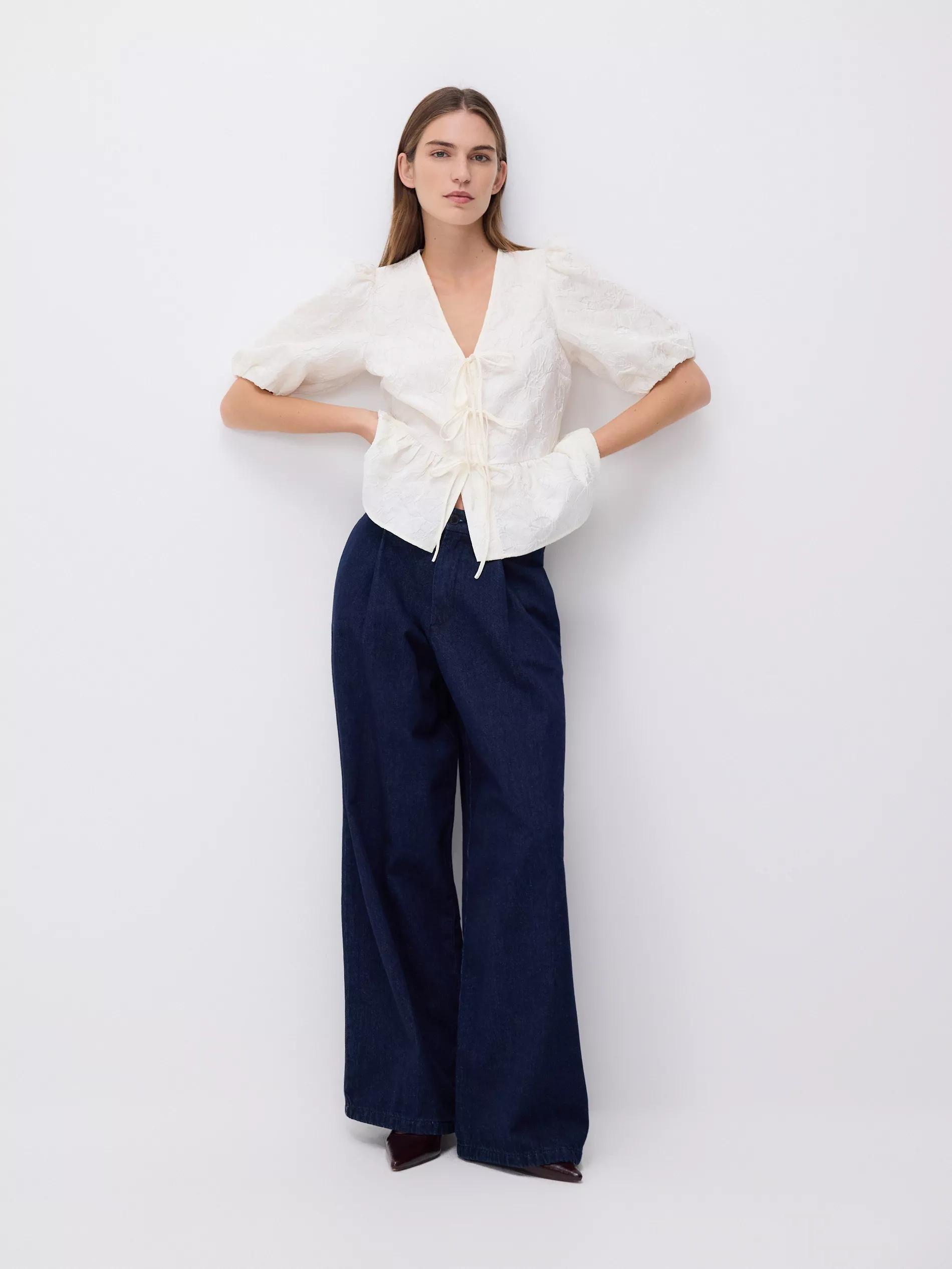 Beige Blouse With Ties, Ivory, large image number 1