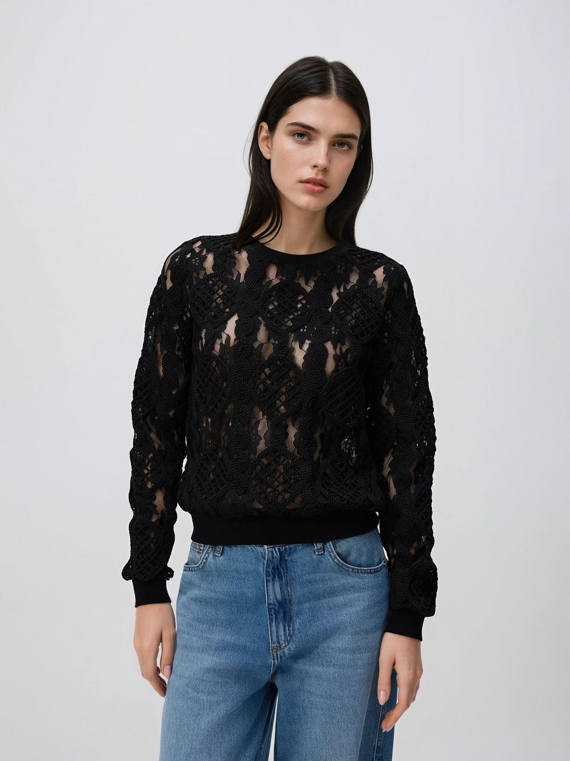 Black Lace Blouse, Black, medium