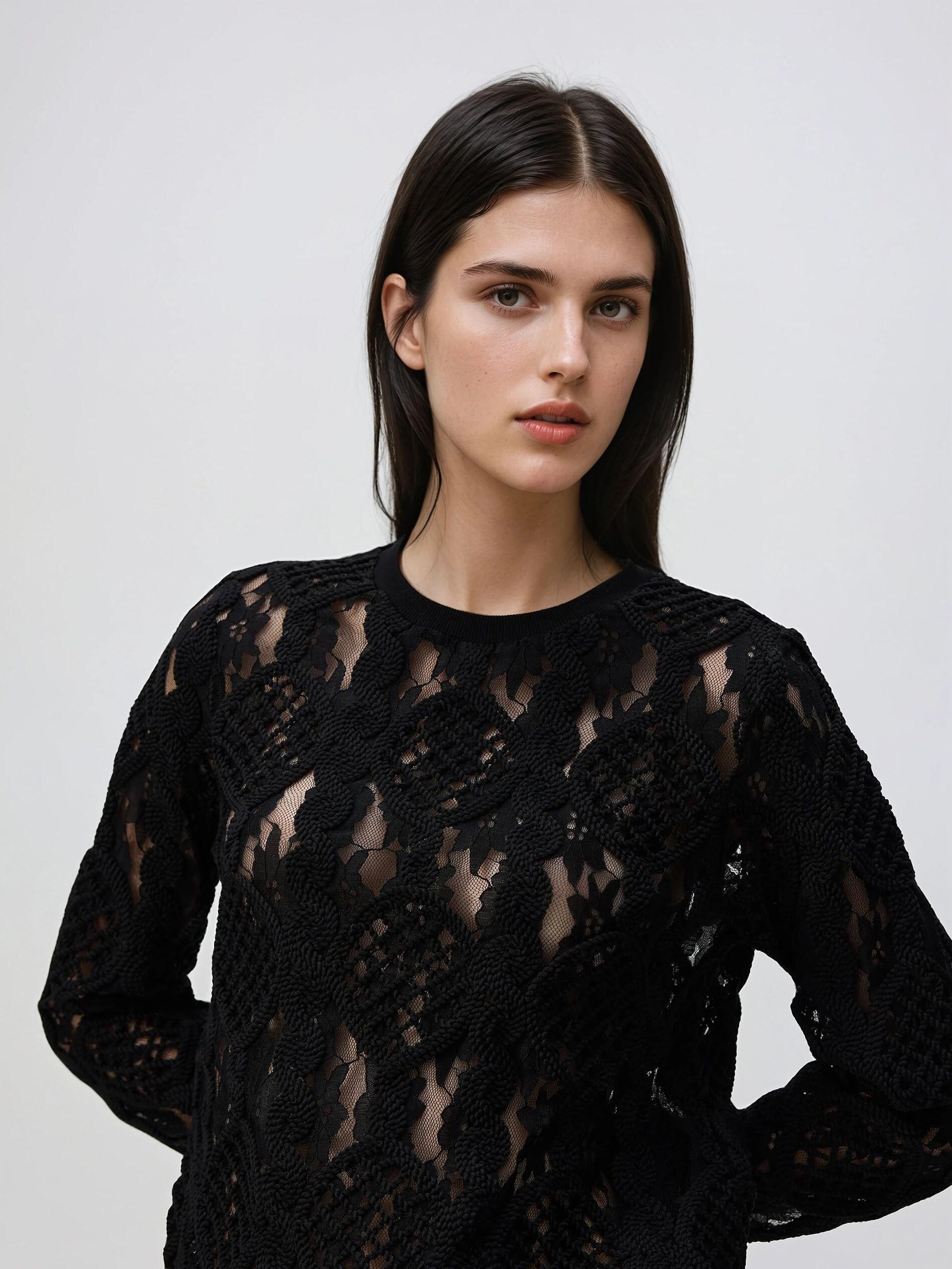 Black Lace Blouse, Black, large image number 1