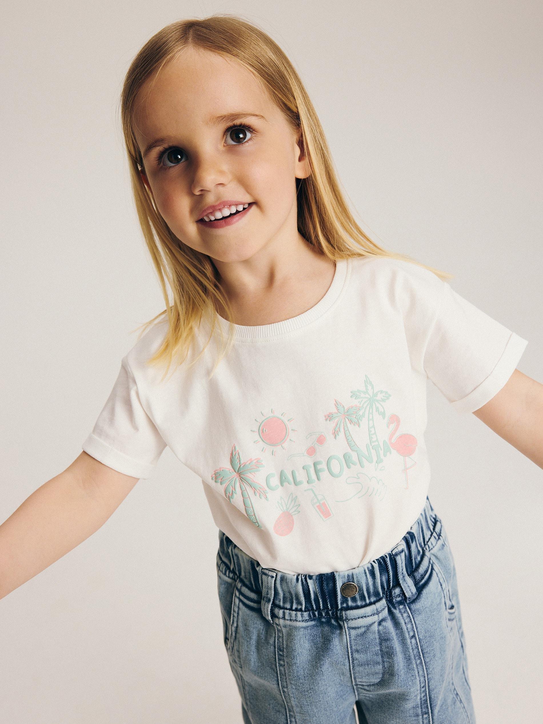 White Printed Cotton T-Shirt, Kids Girls, , large image number 0