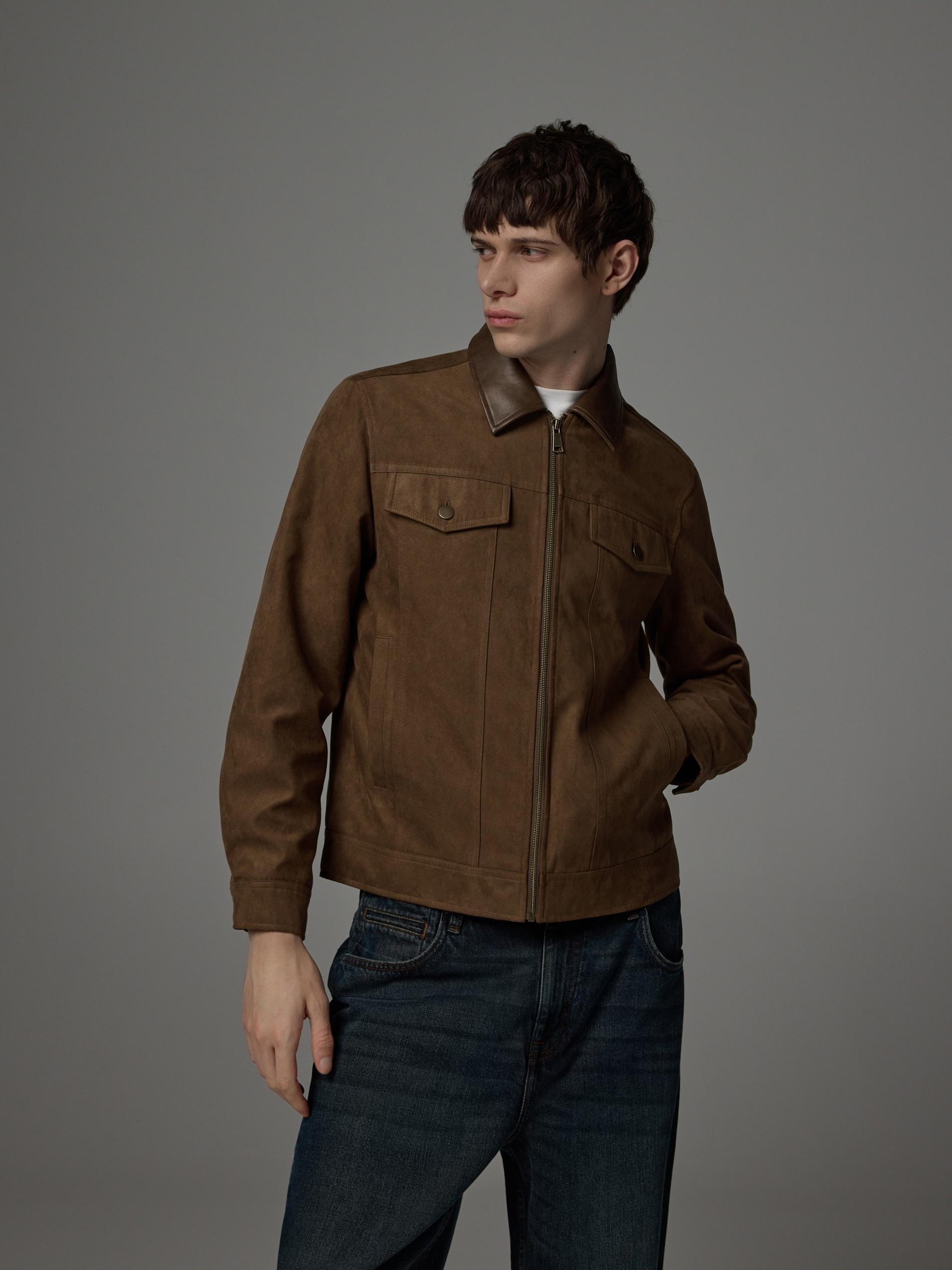 Brown Faux Suede Jacket, Brown, large image number 0